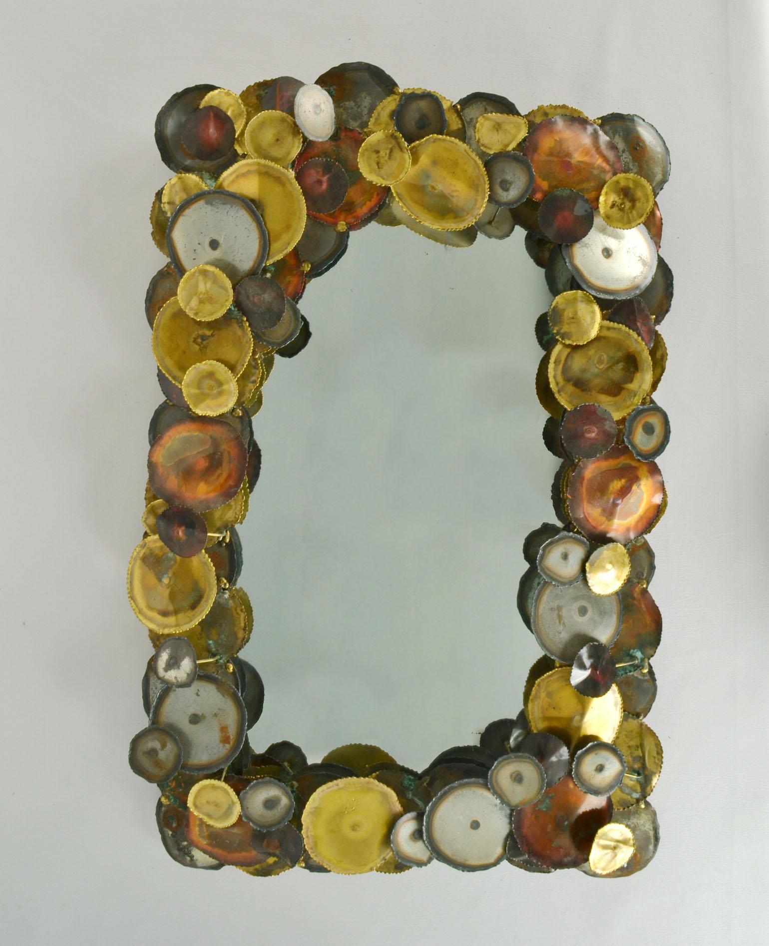 Mid-Century Modern Brutalist Wall Mirror Edged with Metal Circles in the Style of Curtis Jere For Sale