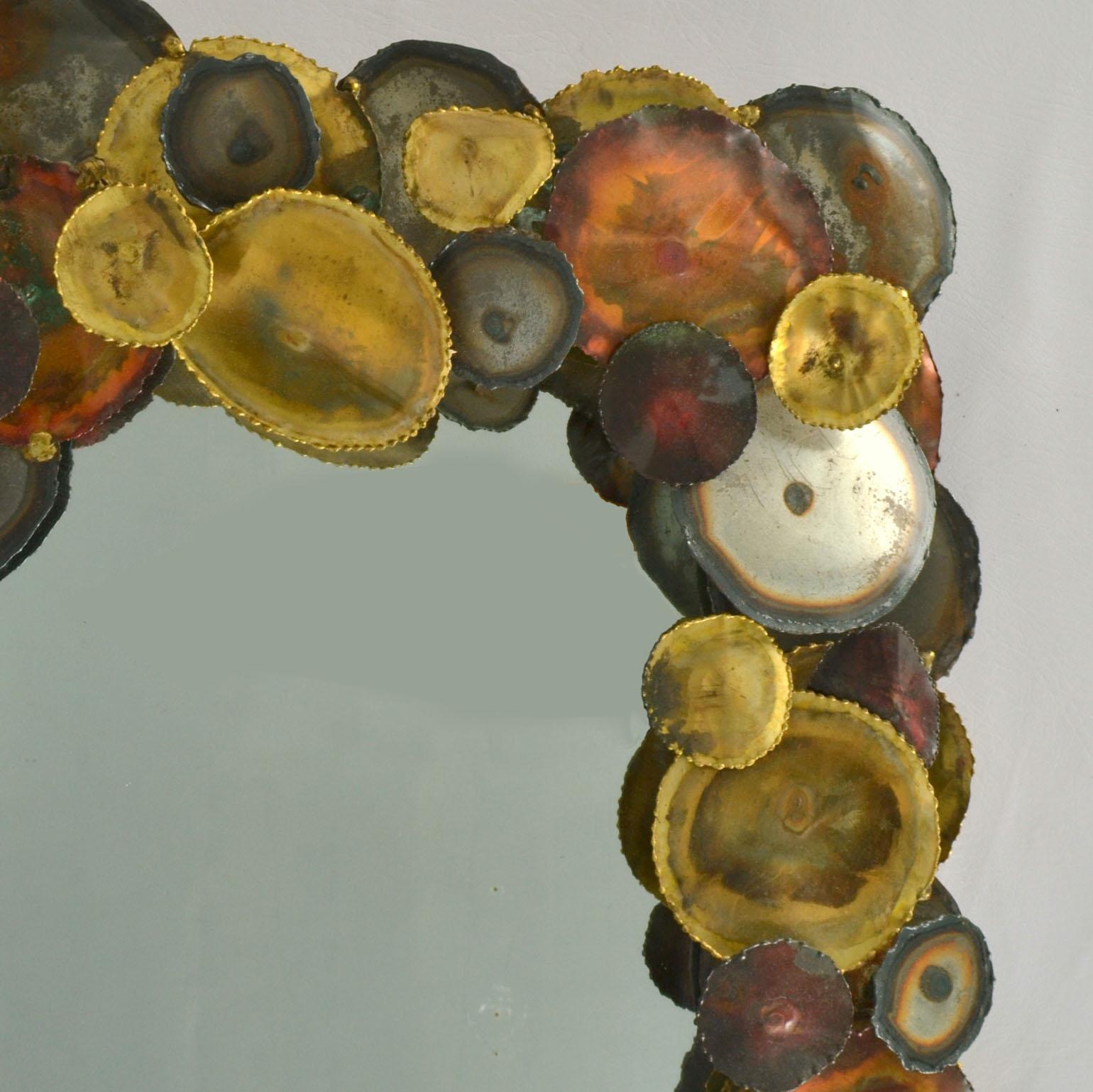 American Brutalist Wall Mirror Edged with Metal Circles in the Style of Curtis Jere For Sale