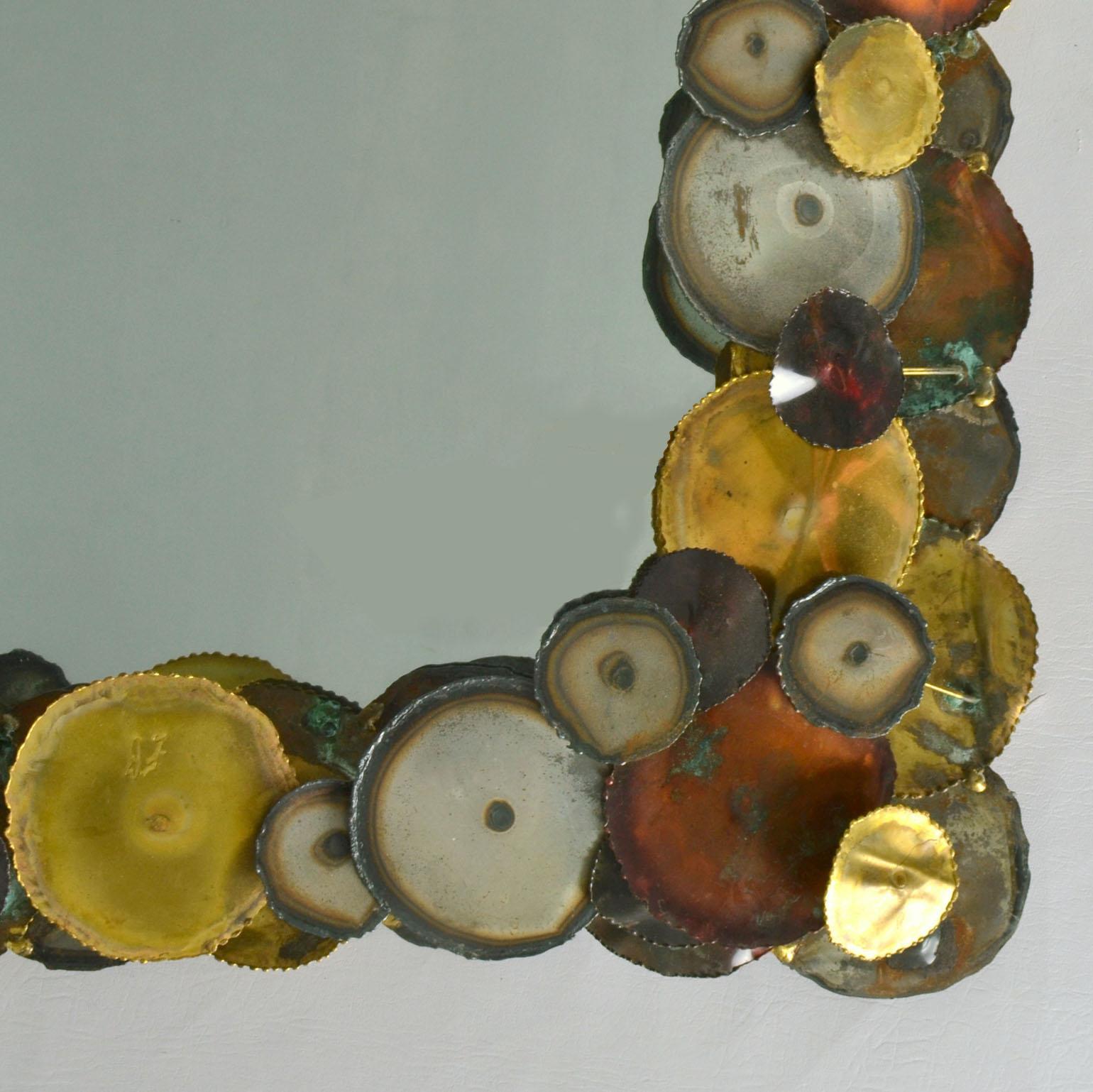Brutalist Wall Mirror Edged with Metal Circles in the Style of Curtis Jere In Excellent Condition For Sale In London, GB