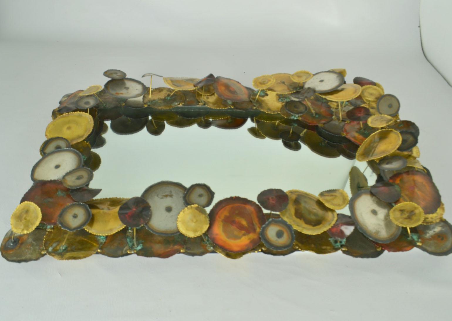 Brutalist Wall Mirror Edged with Metal Circles in the Style of Curtis Jere For Sale 2