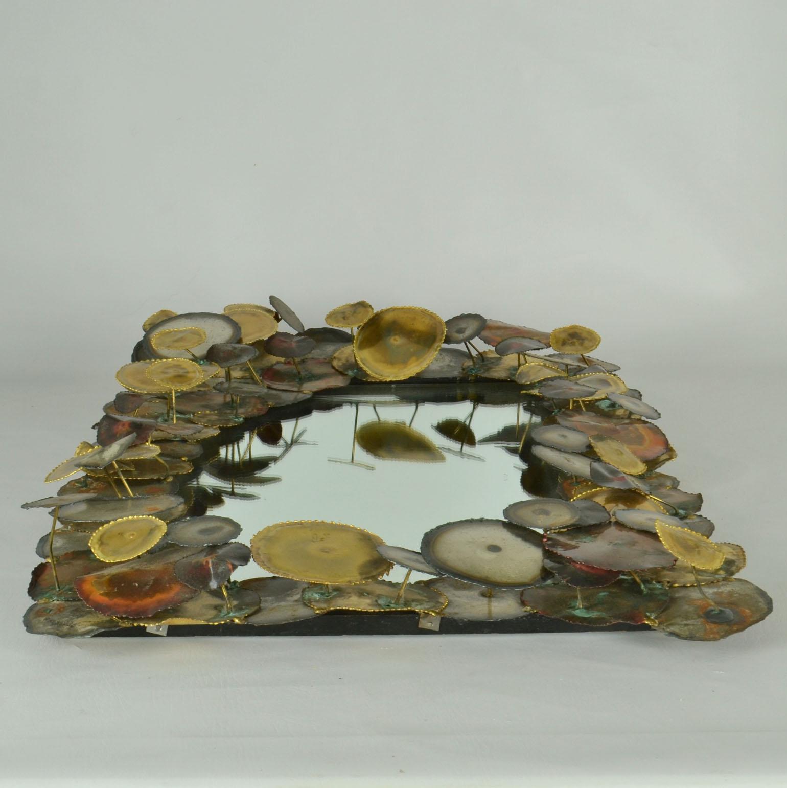 Brutalist Wall Mirror Edged with Metal Circles in the Style of Curtis Jere For Sale 3