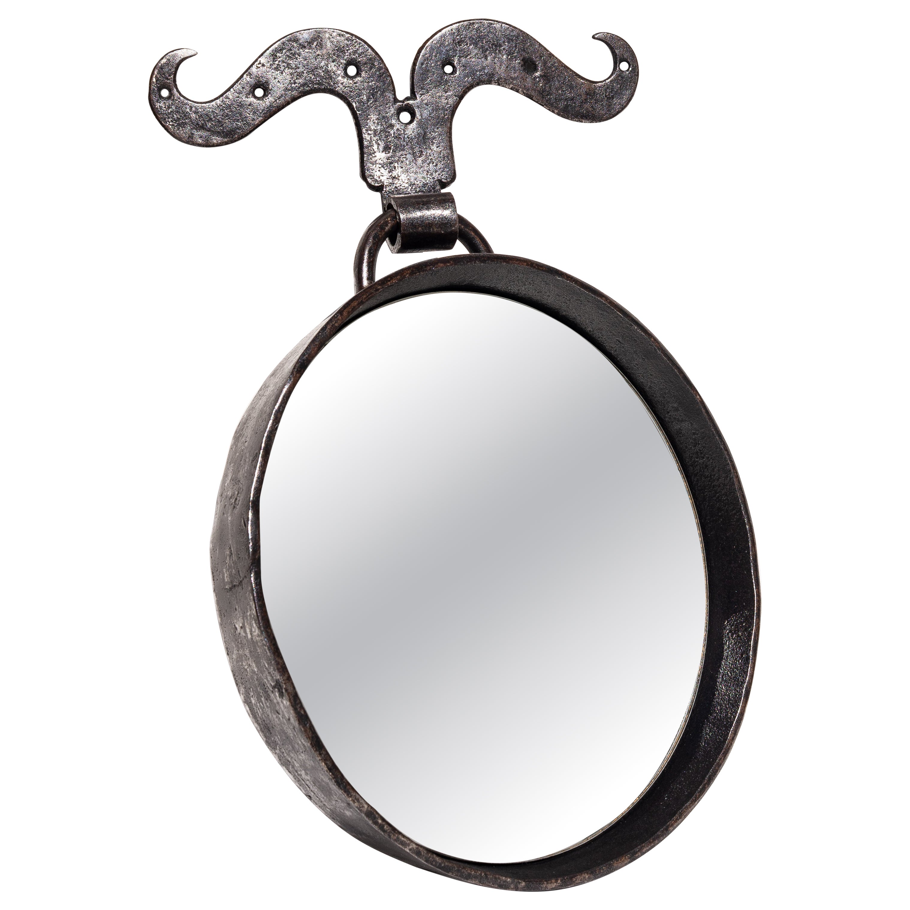 Brutalist Wall Mirror - Round Wrought Iron Mirror - French Metalwork 1950s