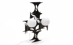 Brutalist Wall Sconce or Table Lamp, Sculptural Patinated Steel, Glass Globes