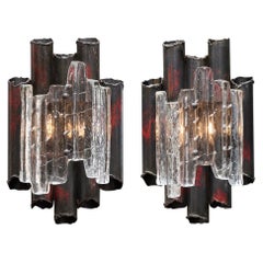 Brutalist Wall Sconces, Metal and Murano Glass, Italy, 1960, Hardwired