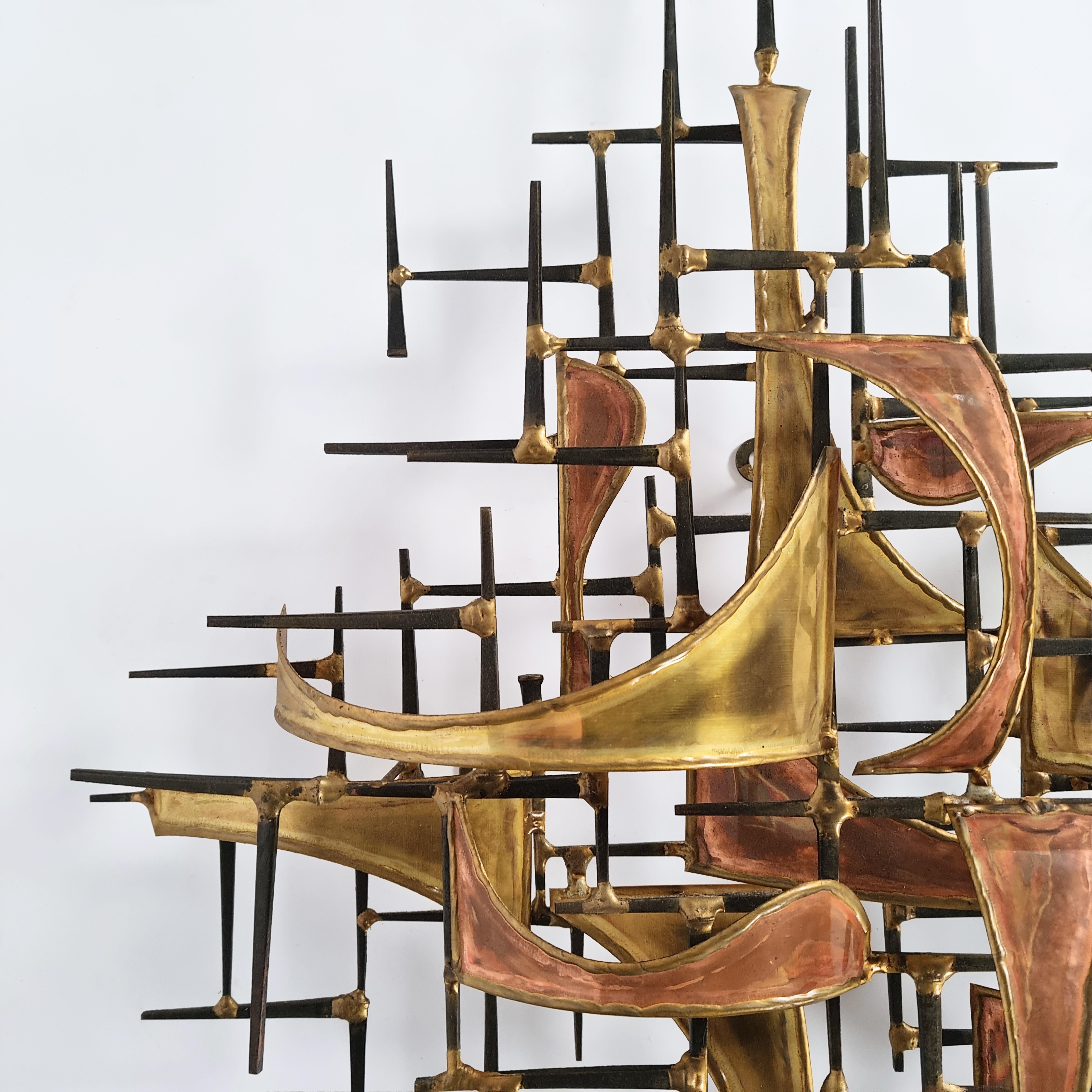 American Brutalist Wall Sculpture in Brass and Copper by Higgins, 1979