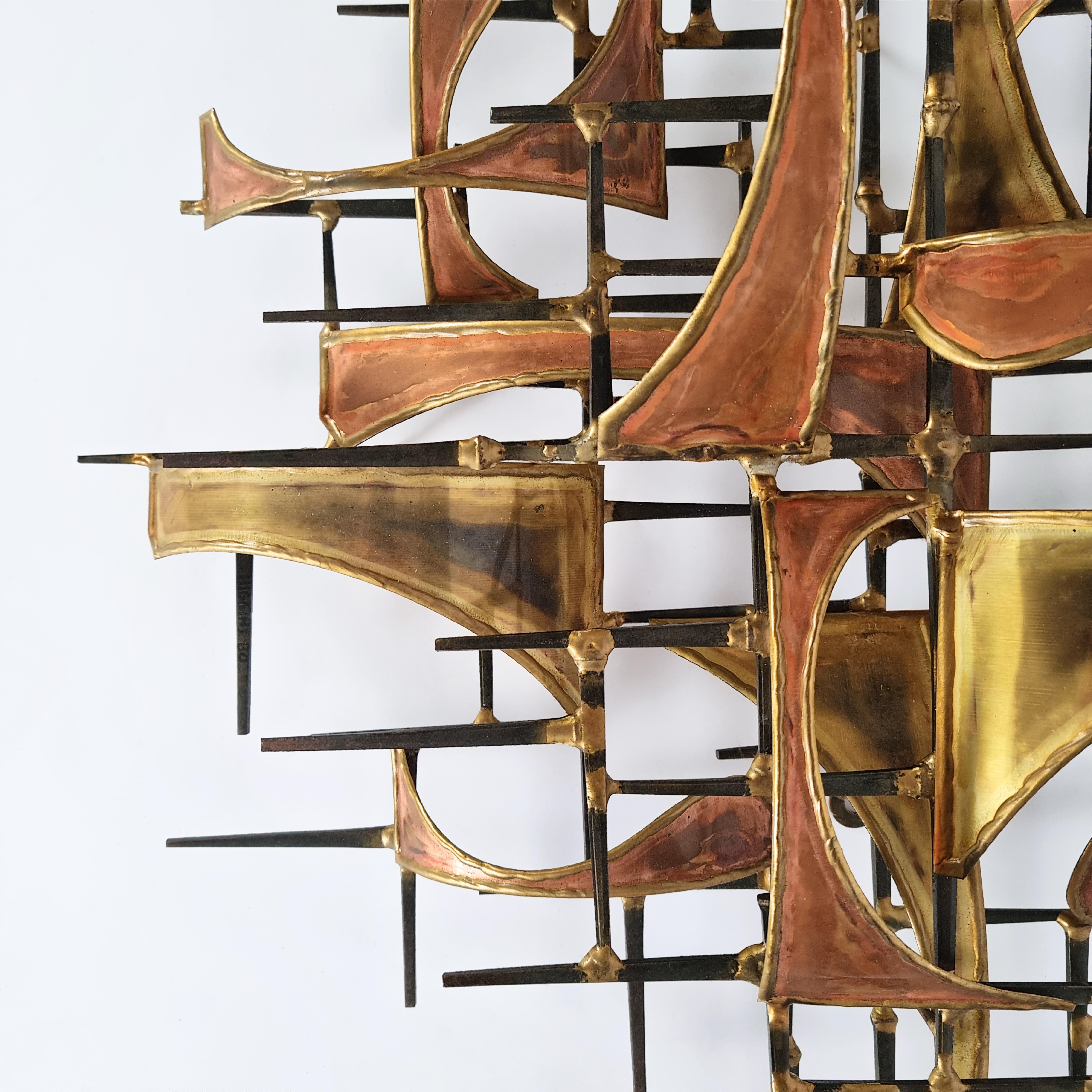 Bronze Brutalist Wall Sculpture in Brass and Copper by Higgins, 1979