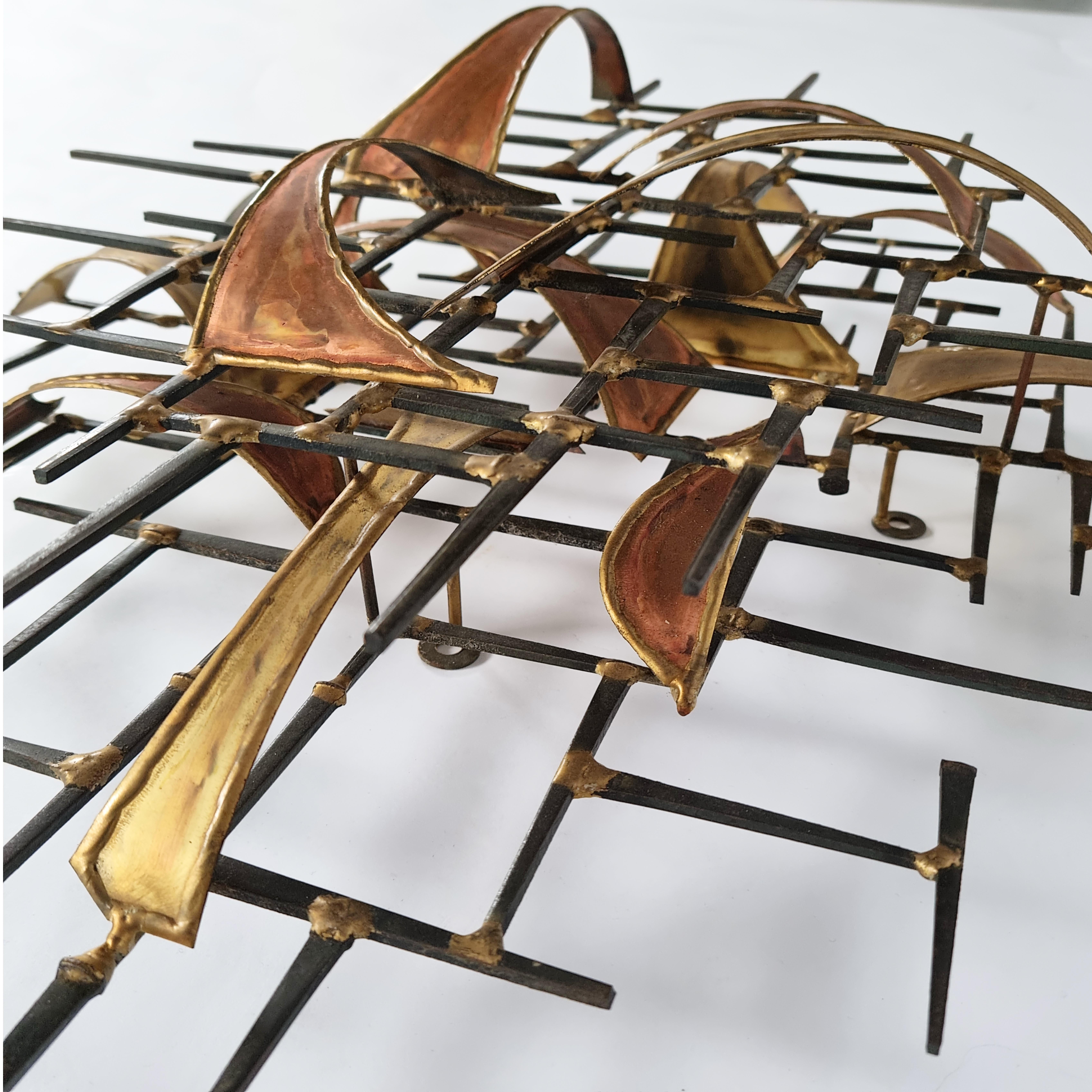 Brutalist Wall Sculpture in Brass and Copper by Higgins, 1979 2