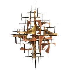 Brutalist Wall Sculpture in Brass and Copper by Higgins, 1979