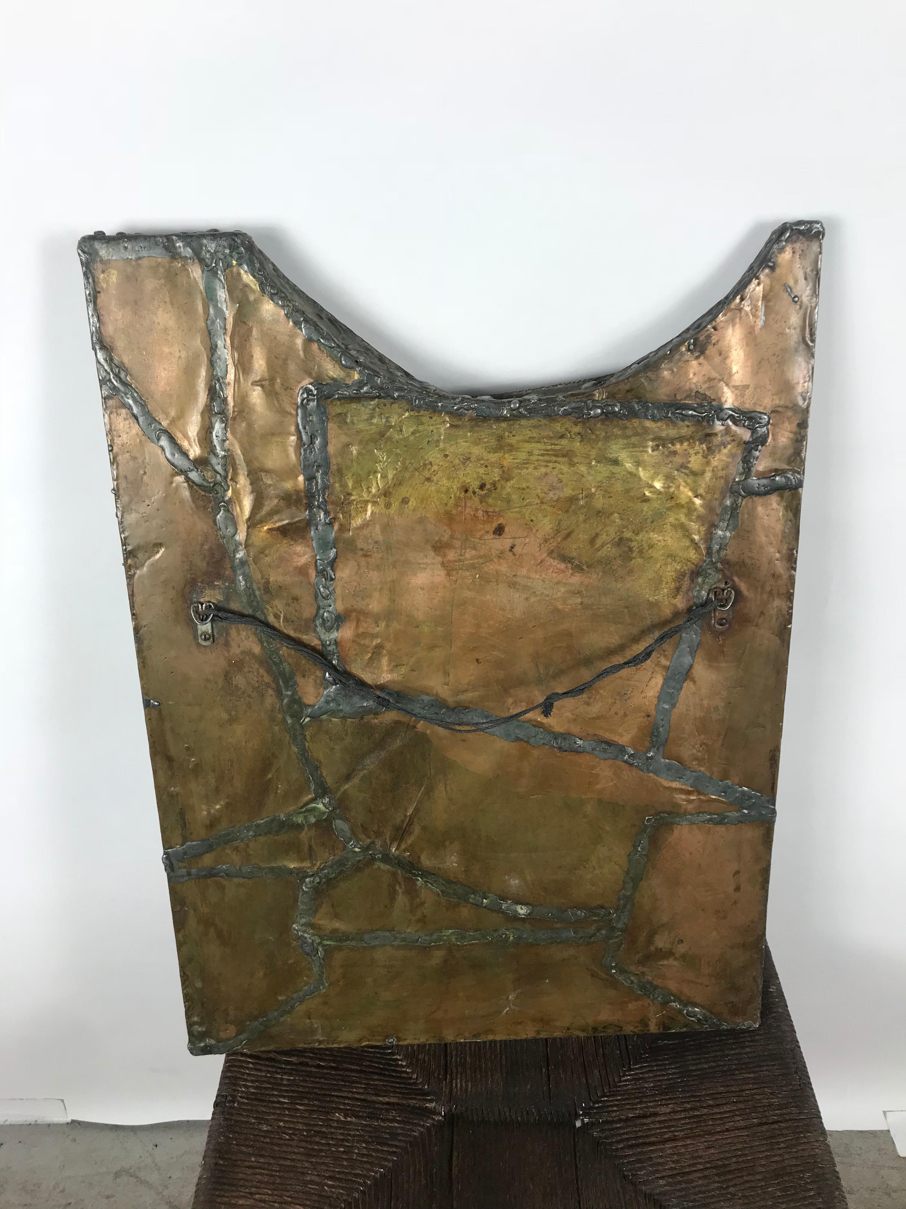 Brutalist wall sculpture, mixed metals by B. Walters Schreiber after Paul Evans. Wonderful wall hanging, hand executed, great example of classic Brutalist design.