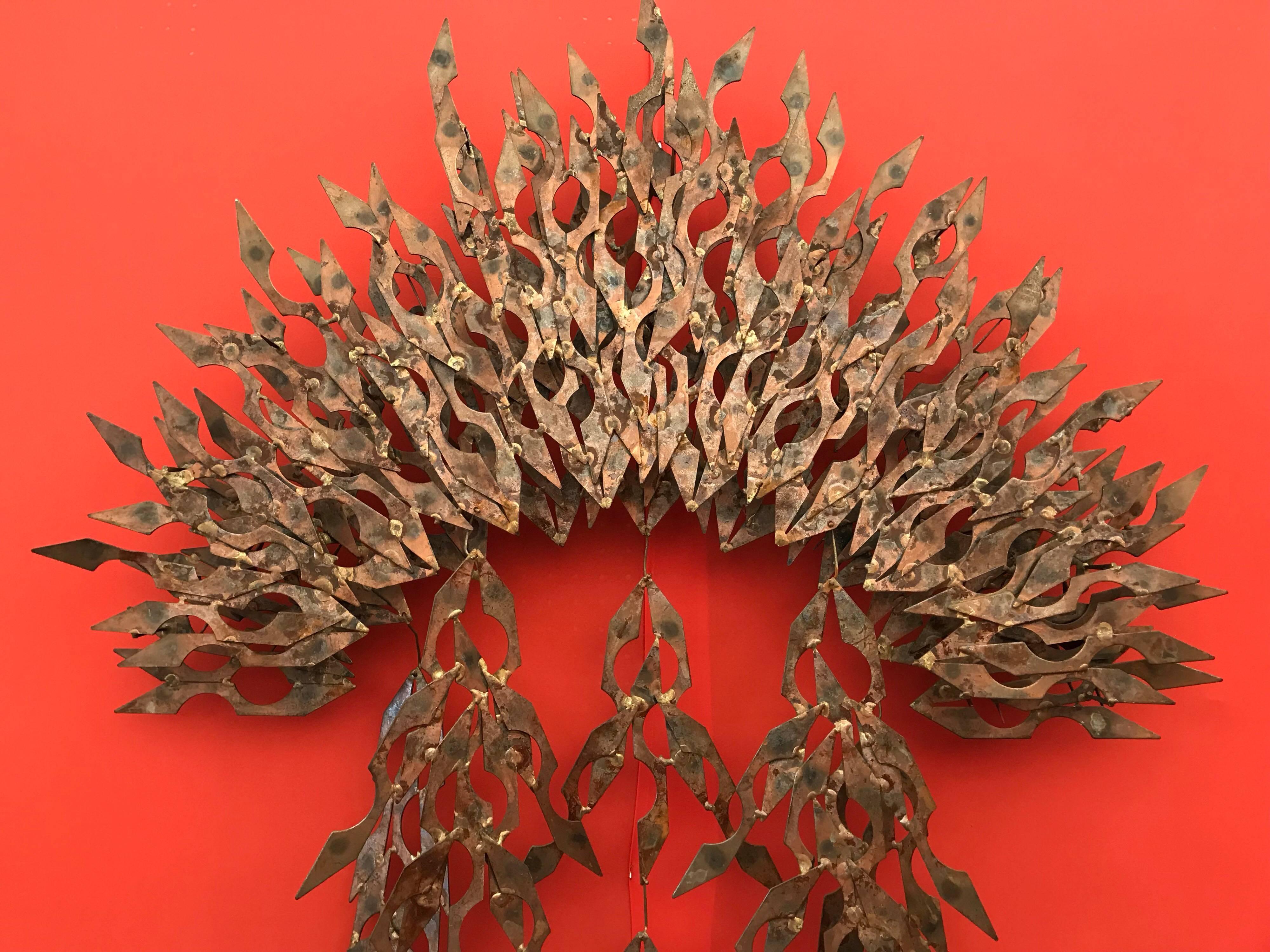 Brutalist wall sculpture of patinated metal.
Monumental Brutalist wall sculpture of patinated metal inspired by Silas Seandel.
Fabulous large Brutalist abstract wall sculpture of patinated metal in the manner of Silas Seandel/Curtis Jere/Tony