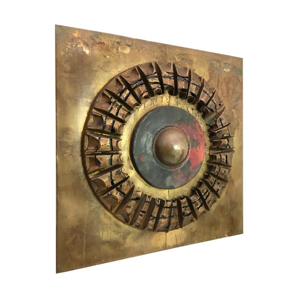 Brutalist Wall Sculpture 'Sun' in Brass and Copper by Stephen Chun, 1970s
