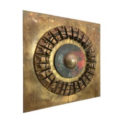 Vintage Brutalist Wall Sculpture 'Sun' in Brass and Copper by Stephen Chun, 1970s