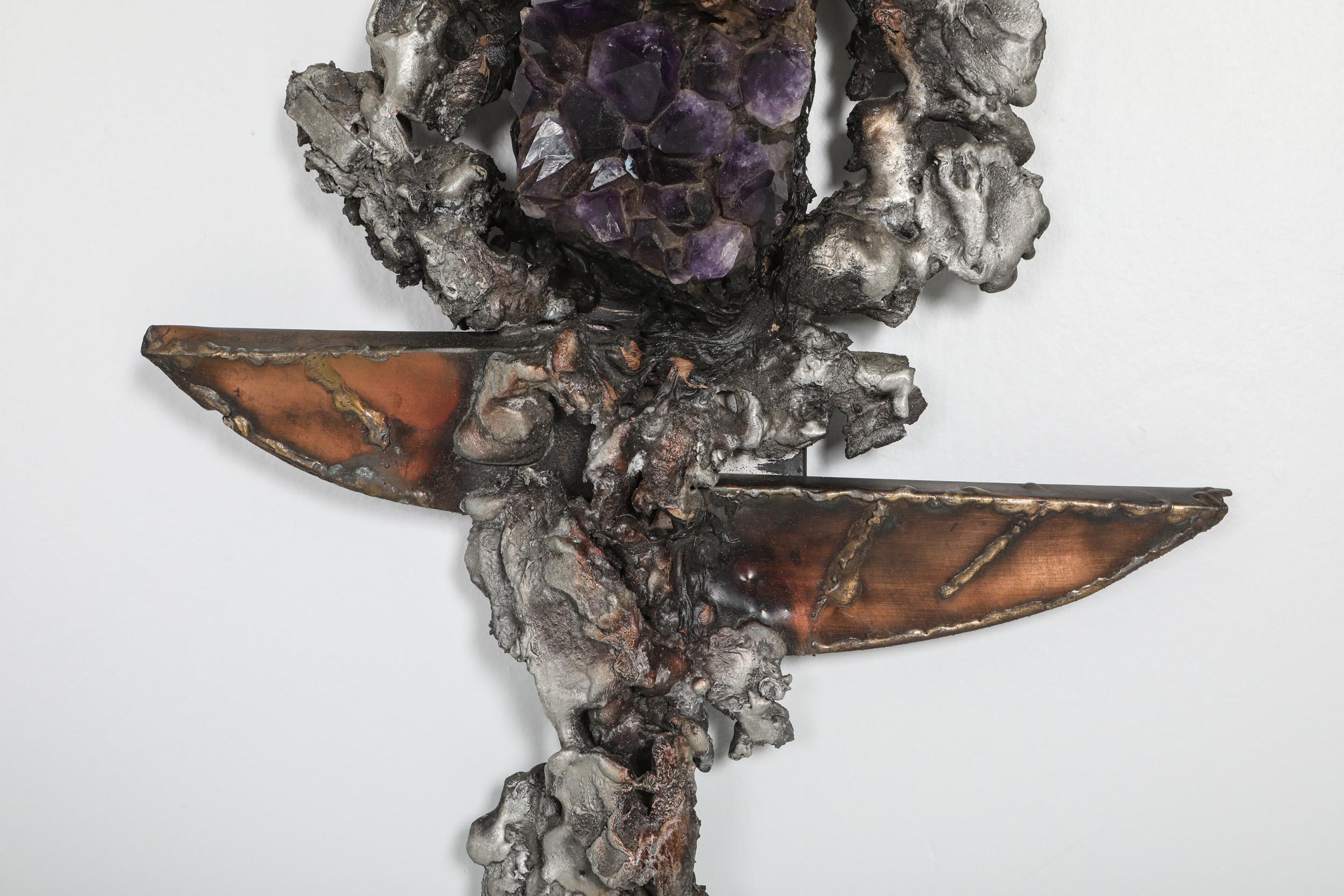 Late 20th Century Brutalist Wall Sculpture with Amethyst Inlay by Marc D’haenens, 1970s For Sale