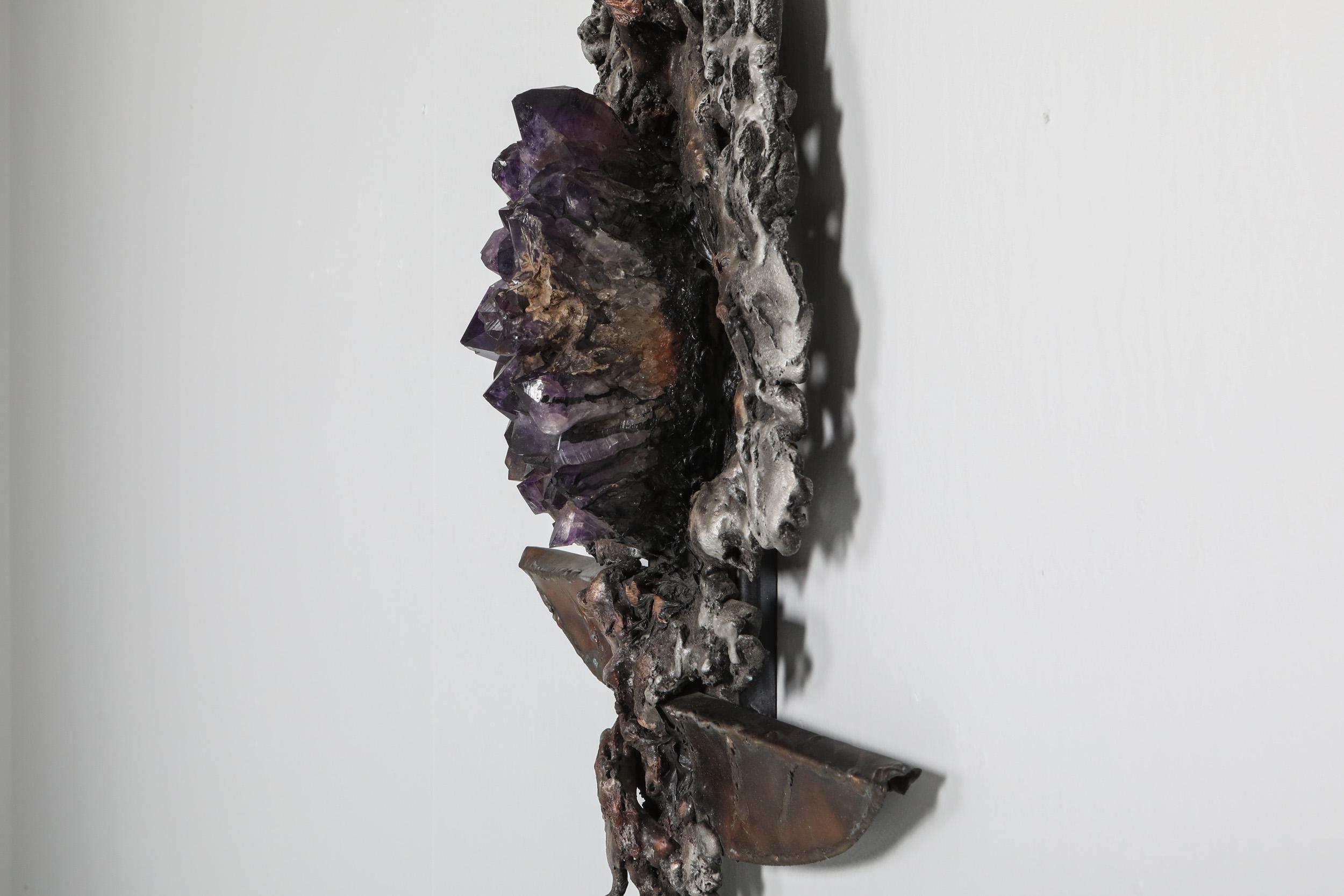 Metal Brutalist Wall Sculpture with Amethyst Inlay by Marc D’haenens, 1970s For Sale