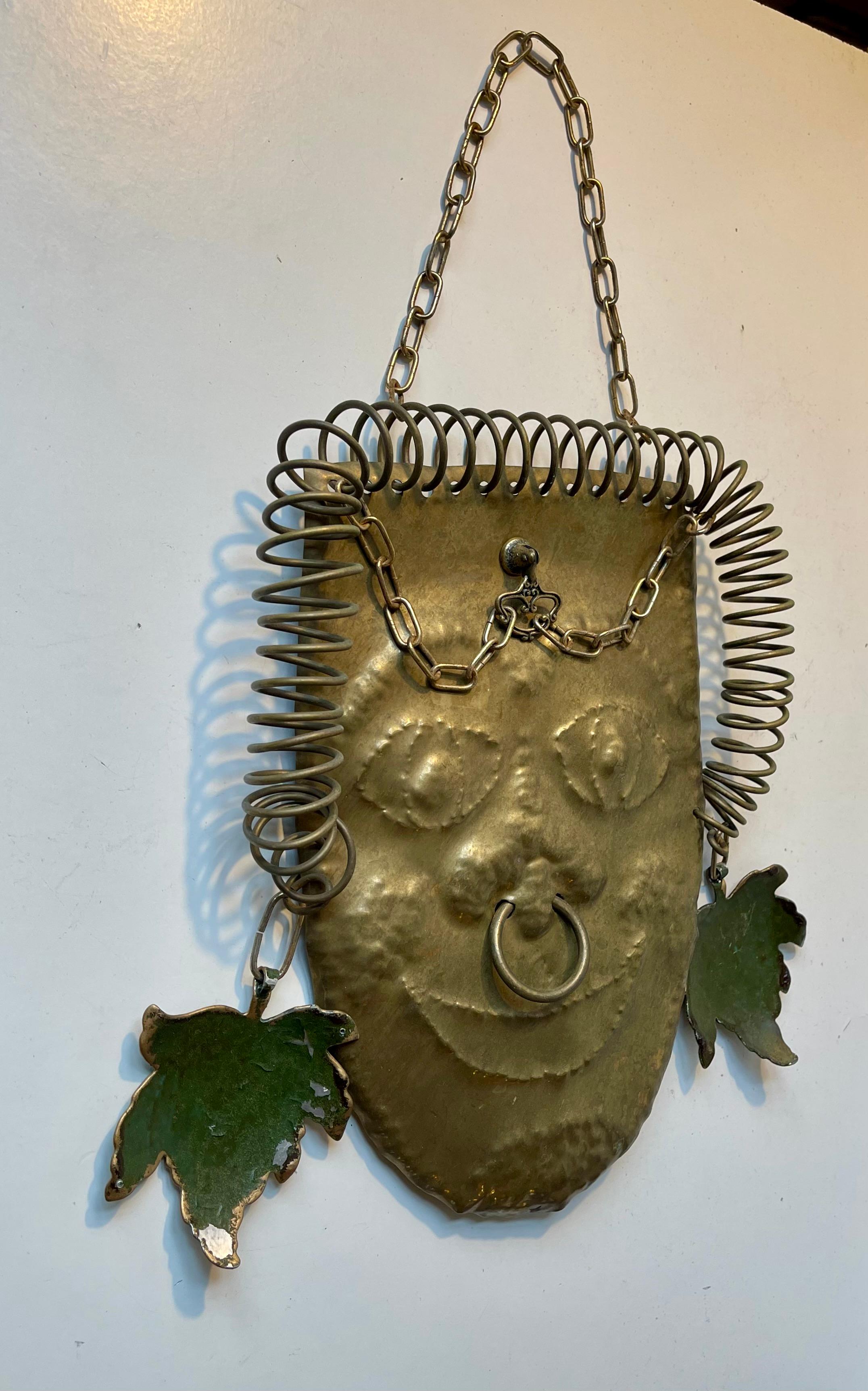 Scandinavian Brutalist Wall Warrior w. Nose & Earrings in Re-purposed Brass For Sale