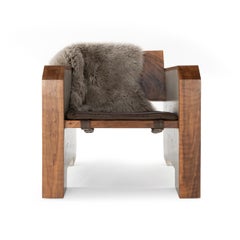Brutalist Walnut & Concrete Lounge Chair with Sheepskin Throw & Leather Cushion