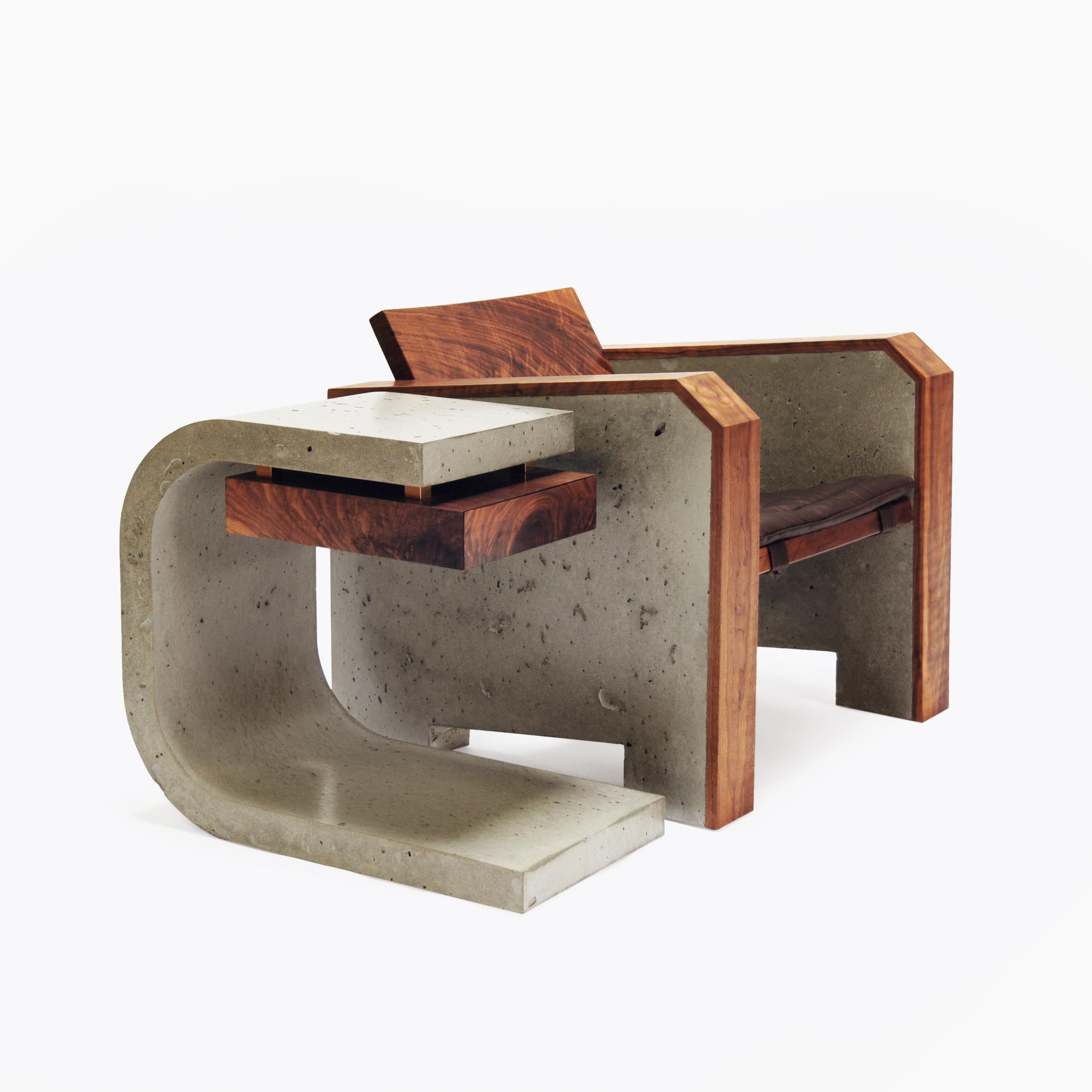 Brutalist Walnut & Concrete Lounge Chair with Sheepskin Throw & Leather Cushion In New Condition For Sale In New York, NY