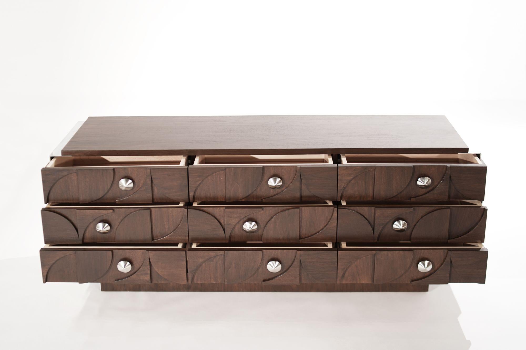 Brutalist Walnut Dresser with Nickel Accents, C. 1960s For Sale 1