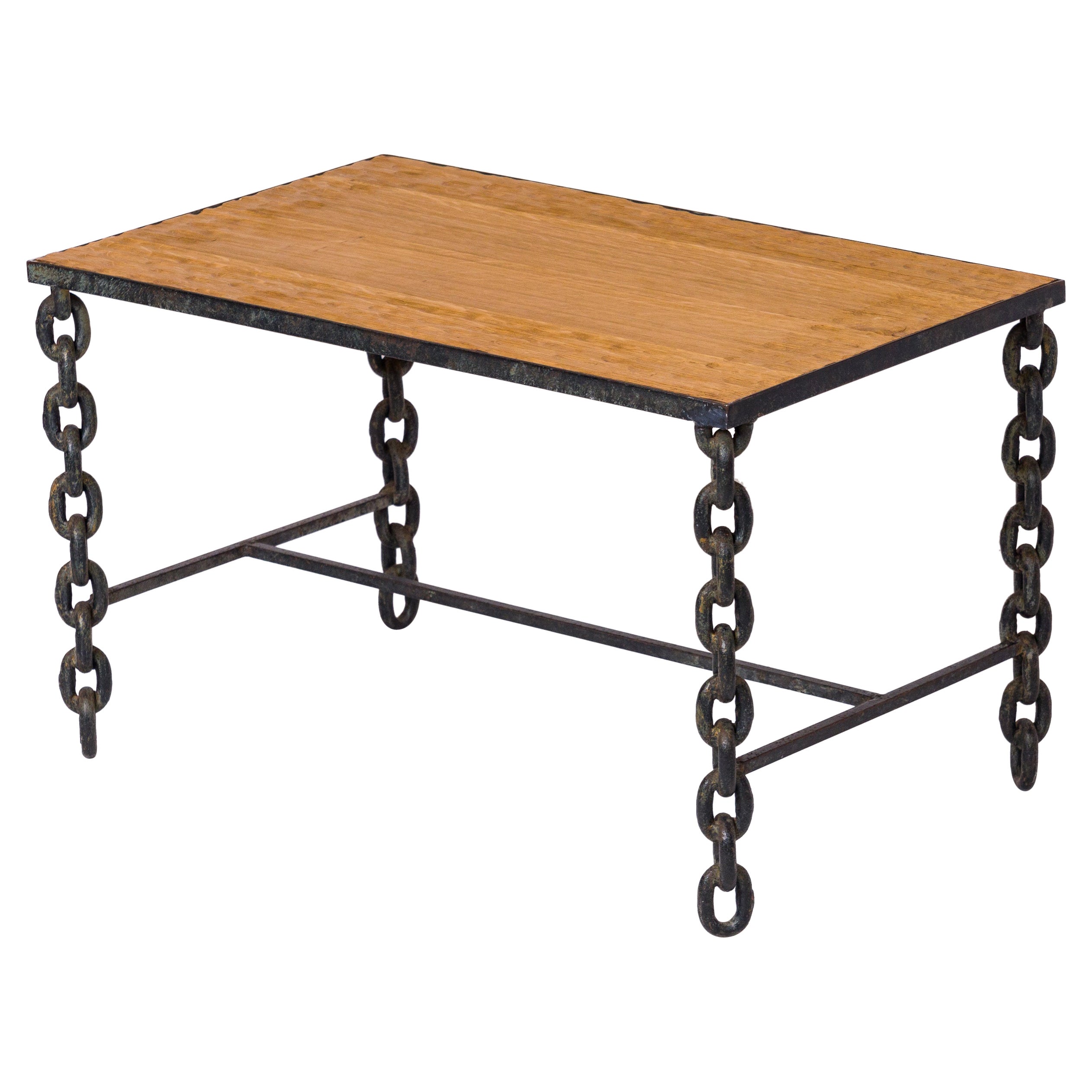 Brutalist Welded Marine Side Table w. Solid Gouge Cut Oak Top - France 1970's