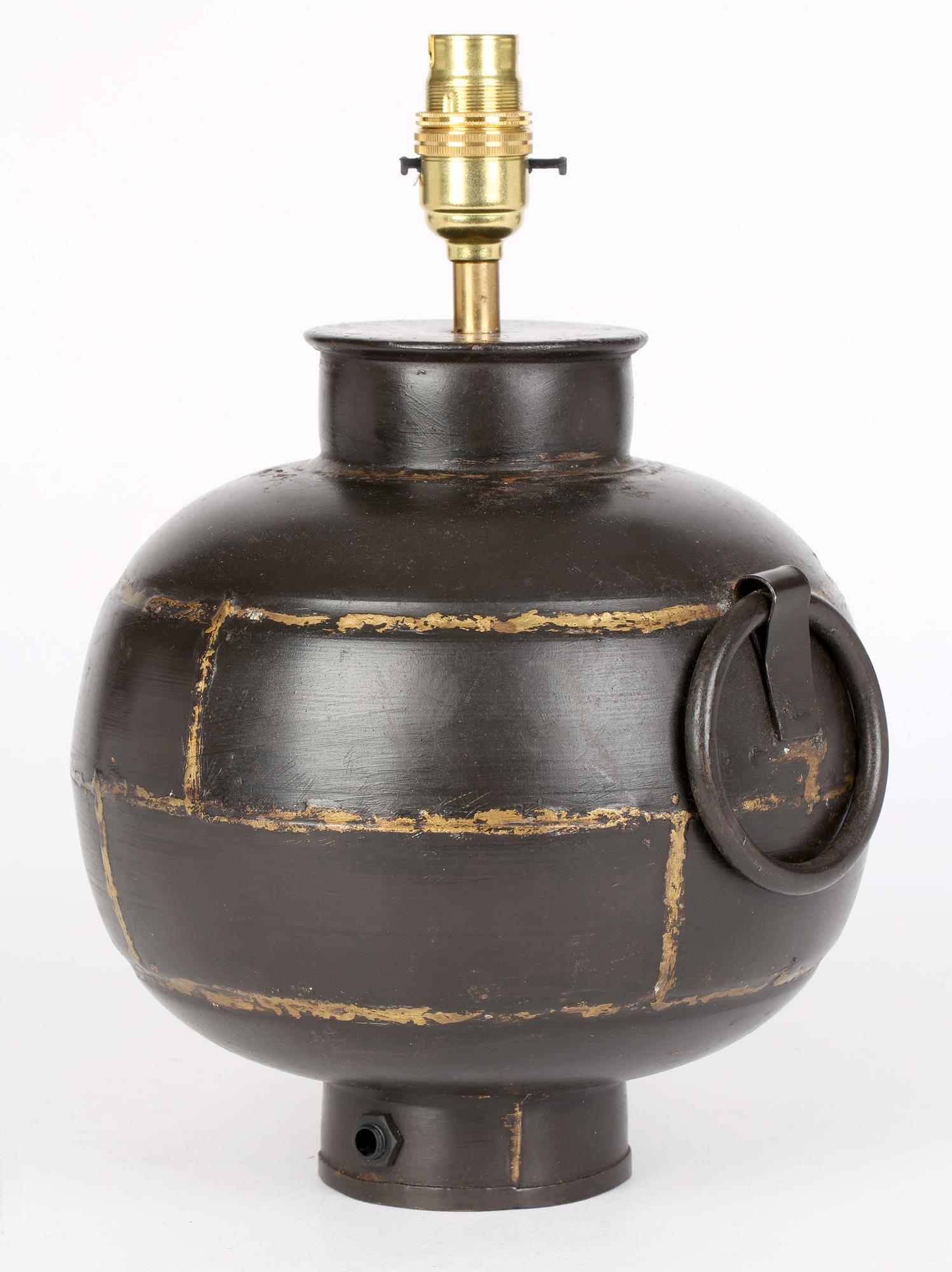 Brutalist Welded Steel Gilded Patterned Globe Lamp Base For Sale 5