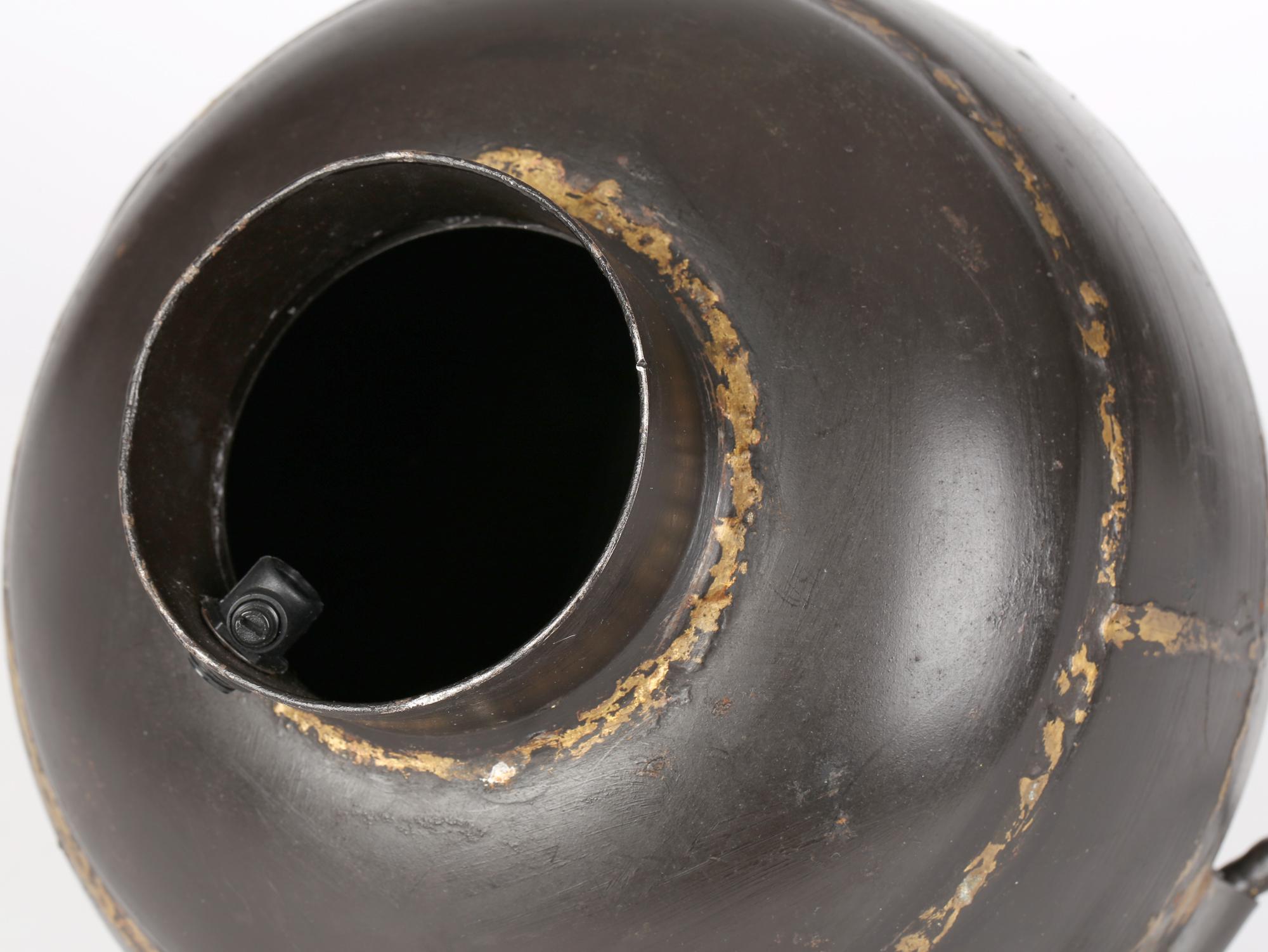 Brutalist Welded Steel Gilded Patterned Globe Lamp Base For Sale 6