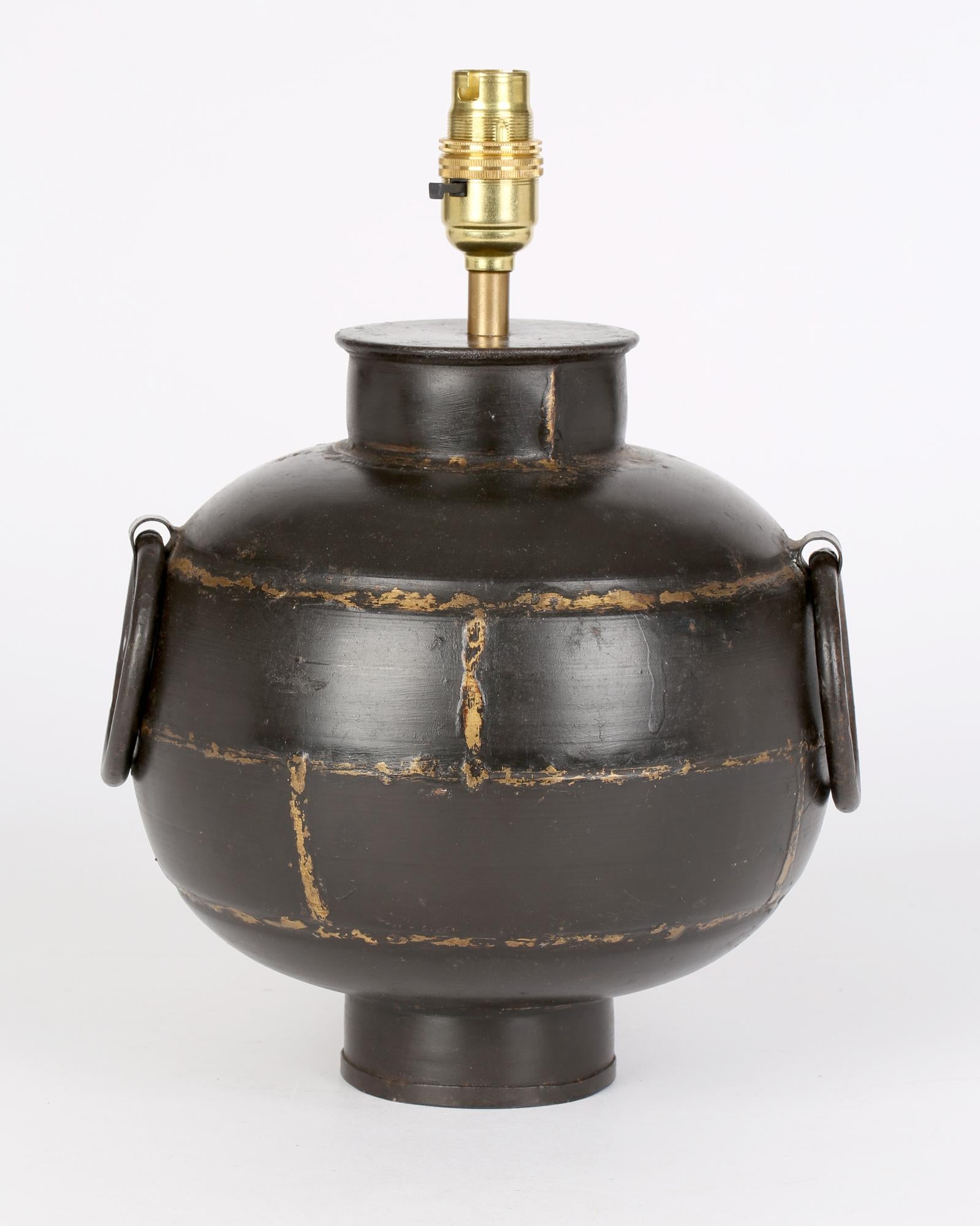 Brutalist Welded Steel Gilded Patterned Globe Lamp Base For Sale 7