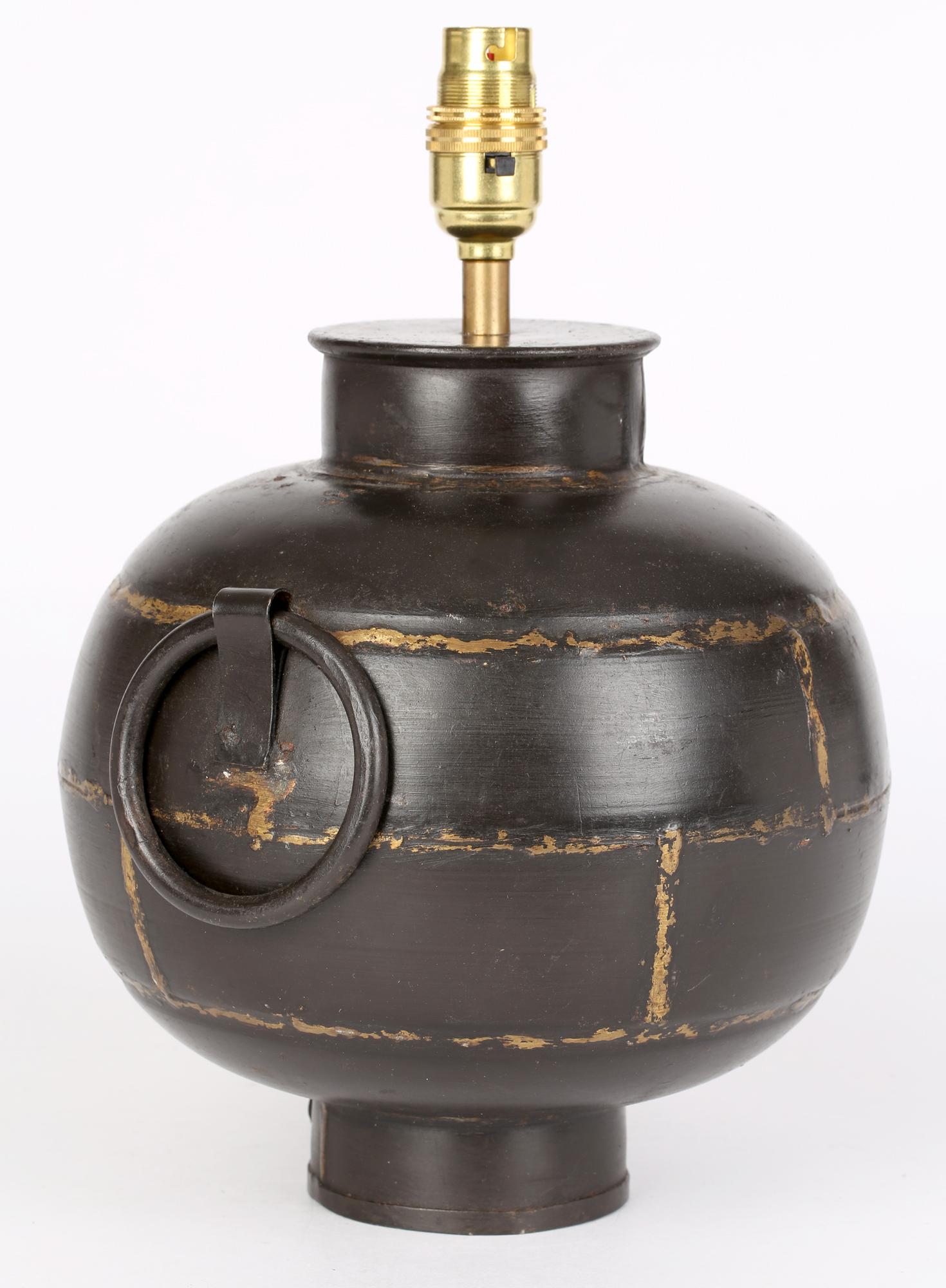 Brutalist Welded Steel Gilded Patterned Globe Lamp Base For Sale 1