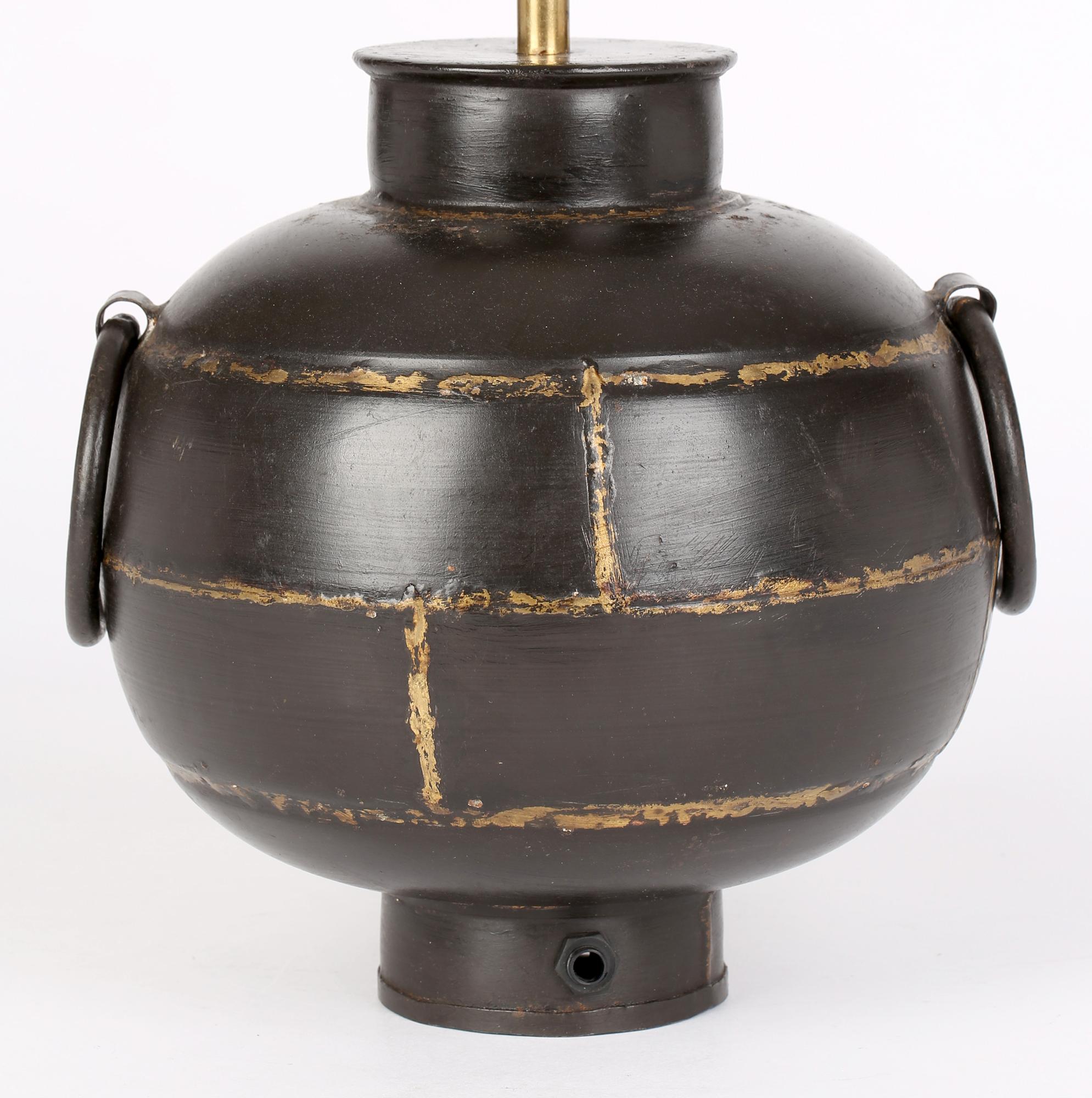 Brutalist Welded Steel Gilded Patterned Globe Lamp Base For Sale 3
