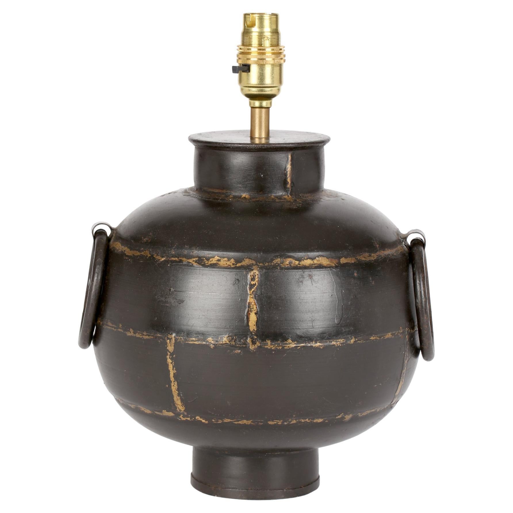 Brutalist Welded Steel Gilded Patterned Globe Lamp Base