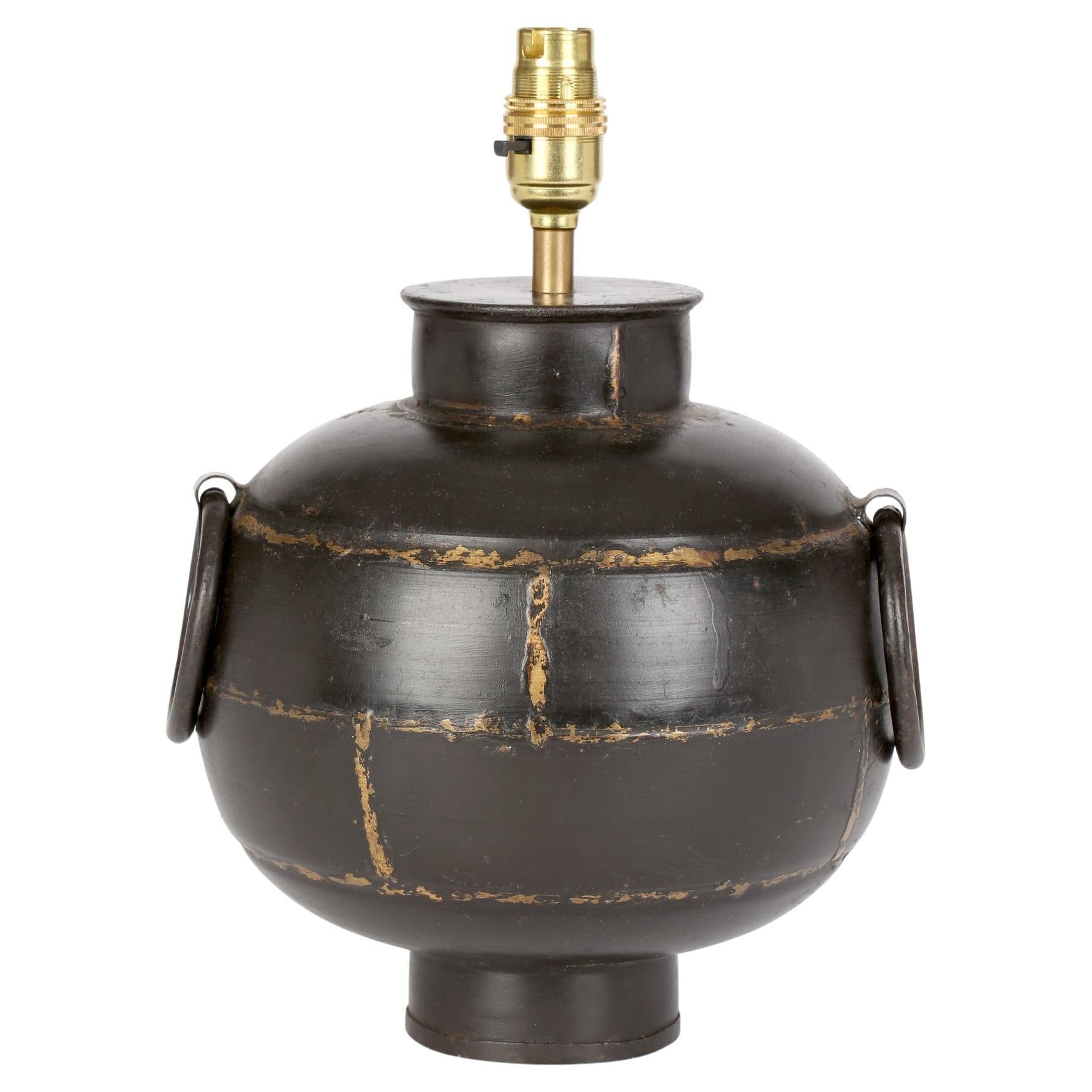 Brutalist Welded Steel Gilded Patterned Globe Lamp Base For Sale