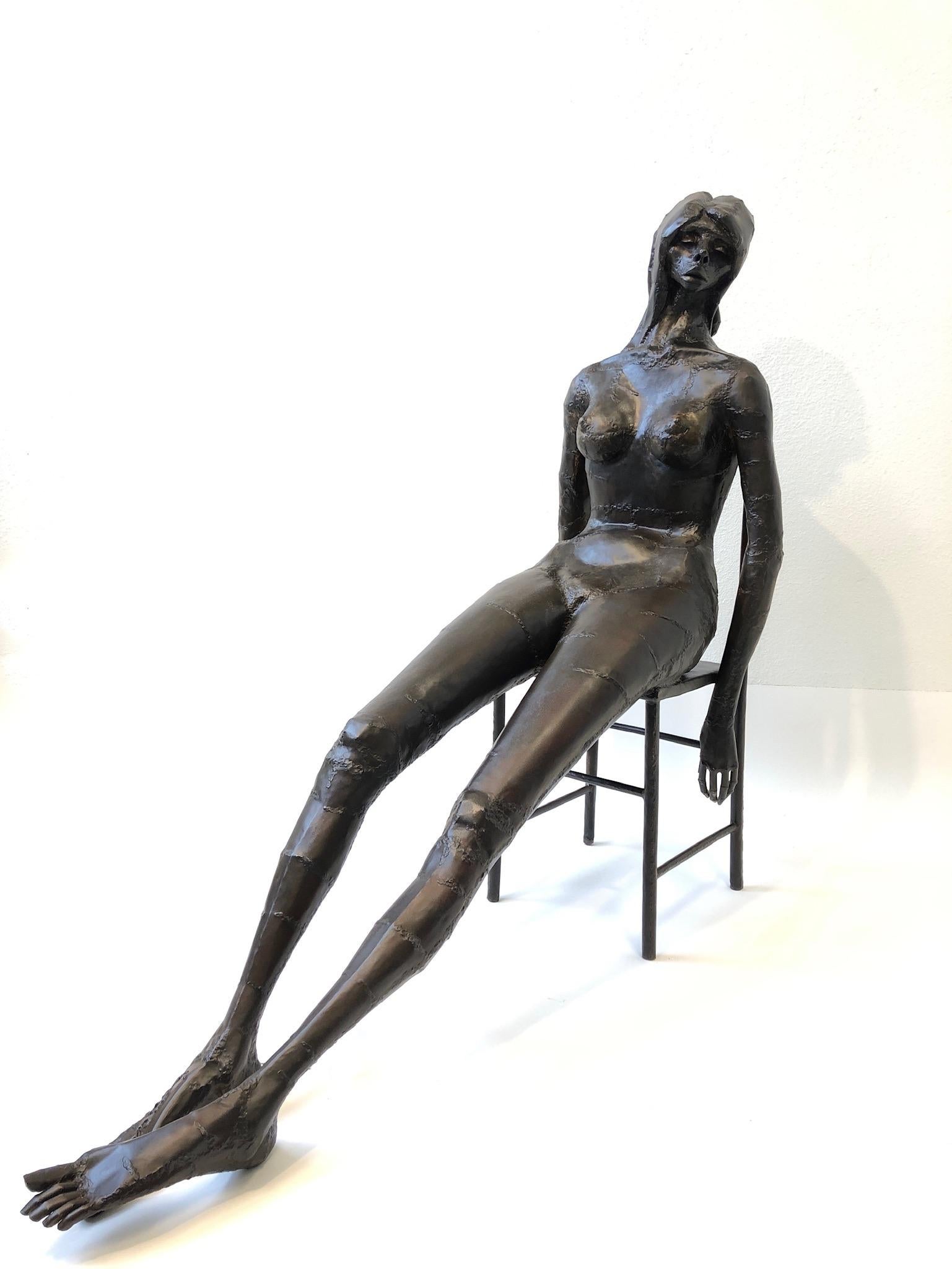 Skulptur eines weiblichen Akts auf einem Stuhl aus geschweißtem Stahl von Gene Logan, brutalistischer Stil 6