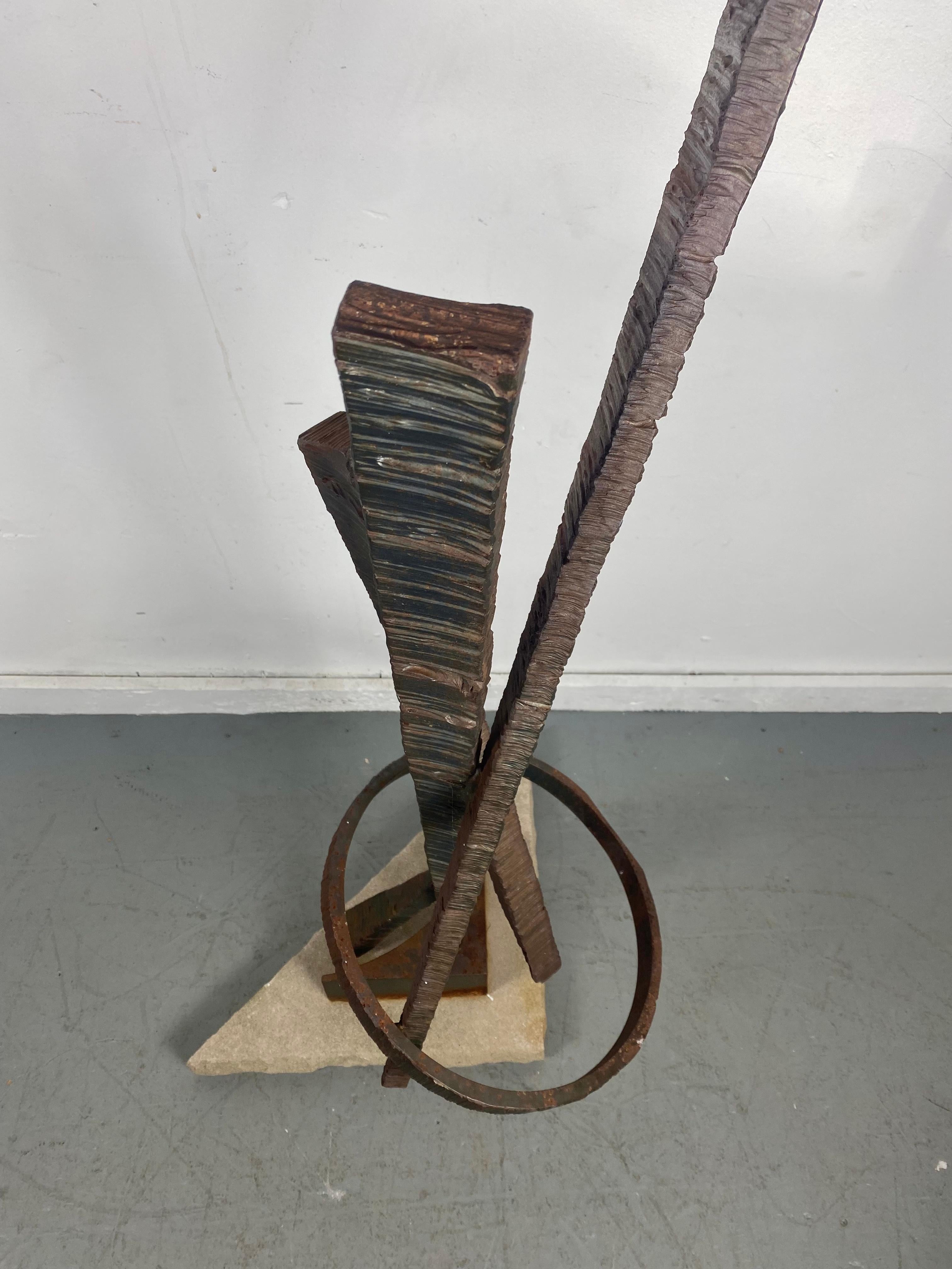 American Brutalist Welded Steel & Stone Abstract Sculpture by Sue Taves, Indoor/Outdoor For Sale