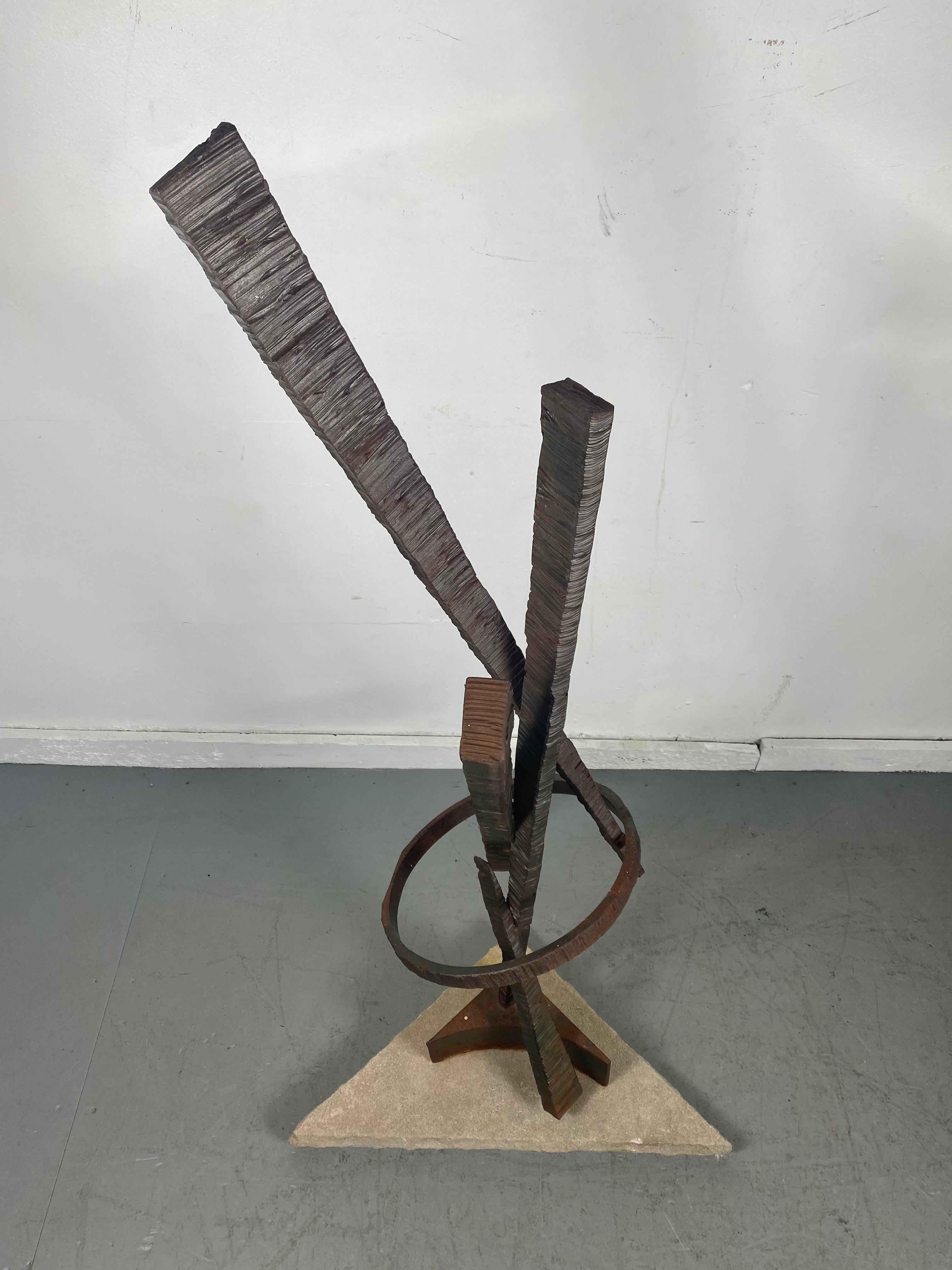 Cut Steel Brutalist Welded Steel & Stone Abstract Sculpture by Sue Taves, Indoor/Outdoor For Sale