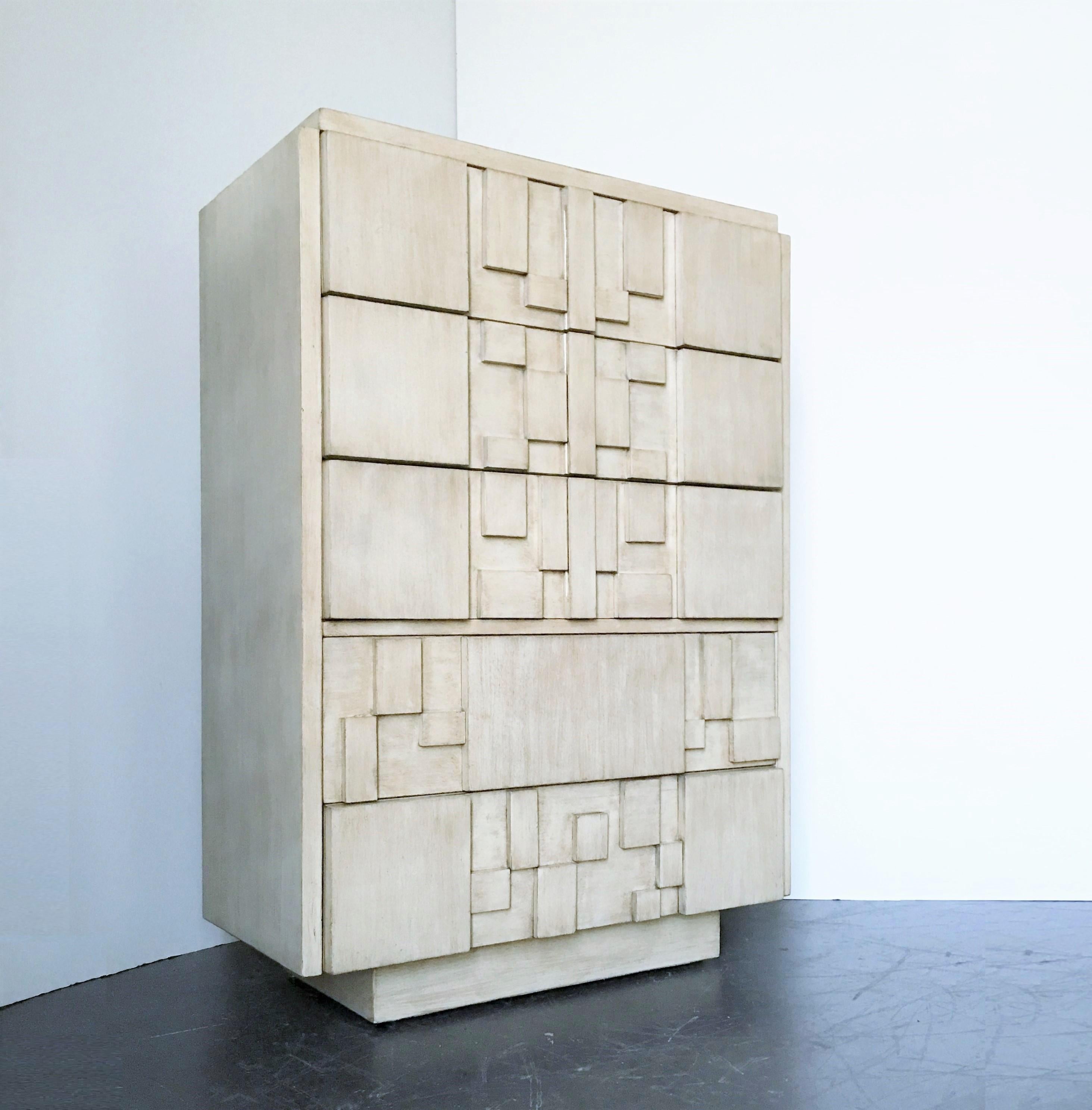 Inspired by Paul Evans this Brutalist / Cubist tallboy chest dresser, 