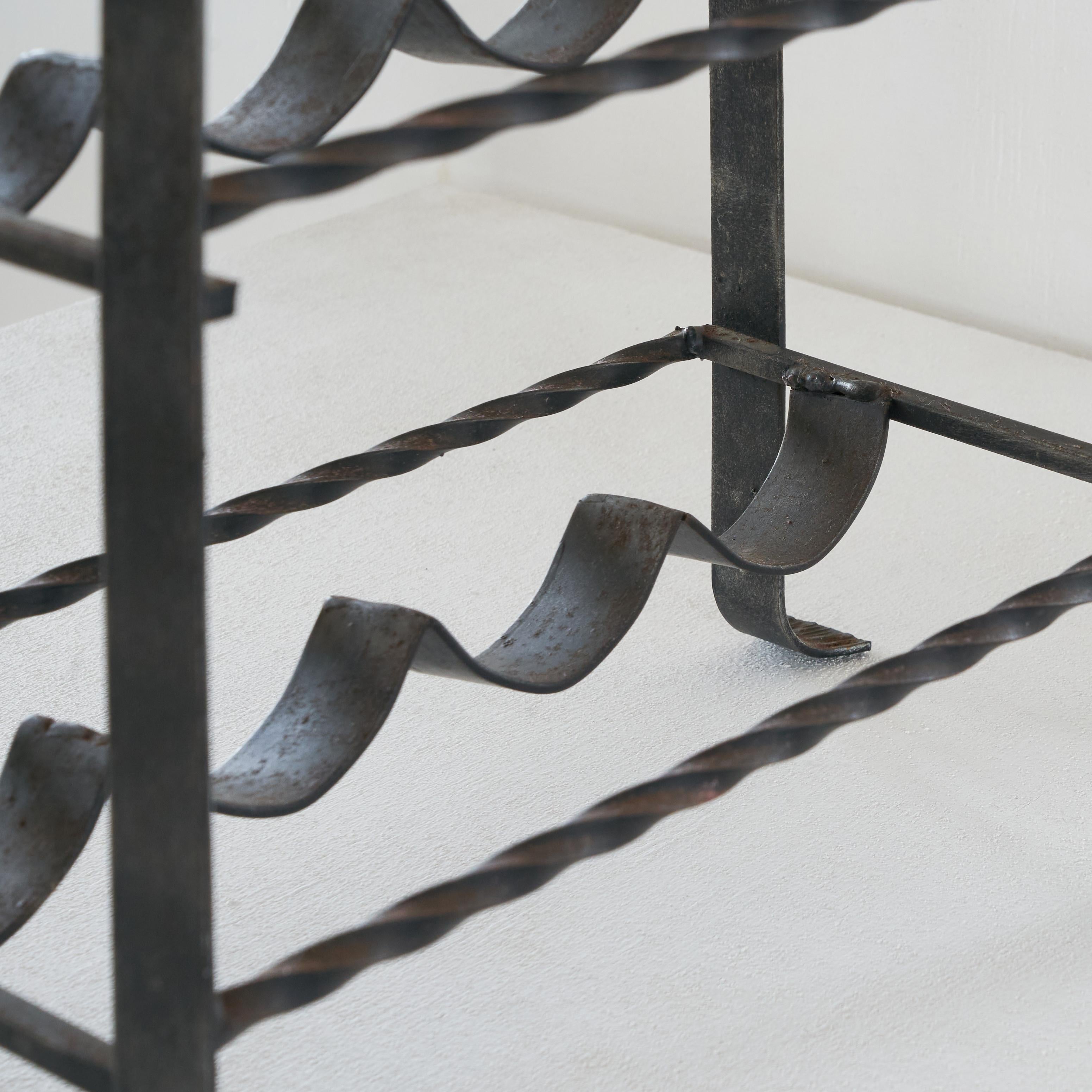 Hand-Crafted Brutalist Wine Rack in Wrought Iron and Wood, 1960s