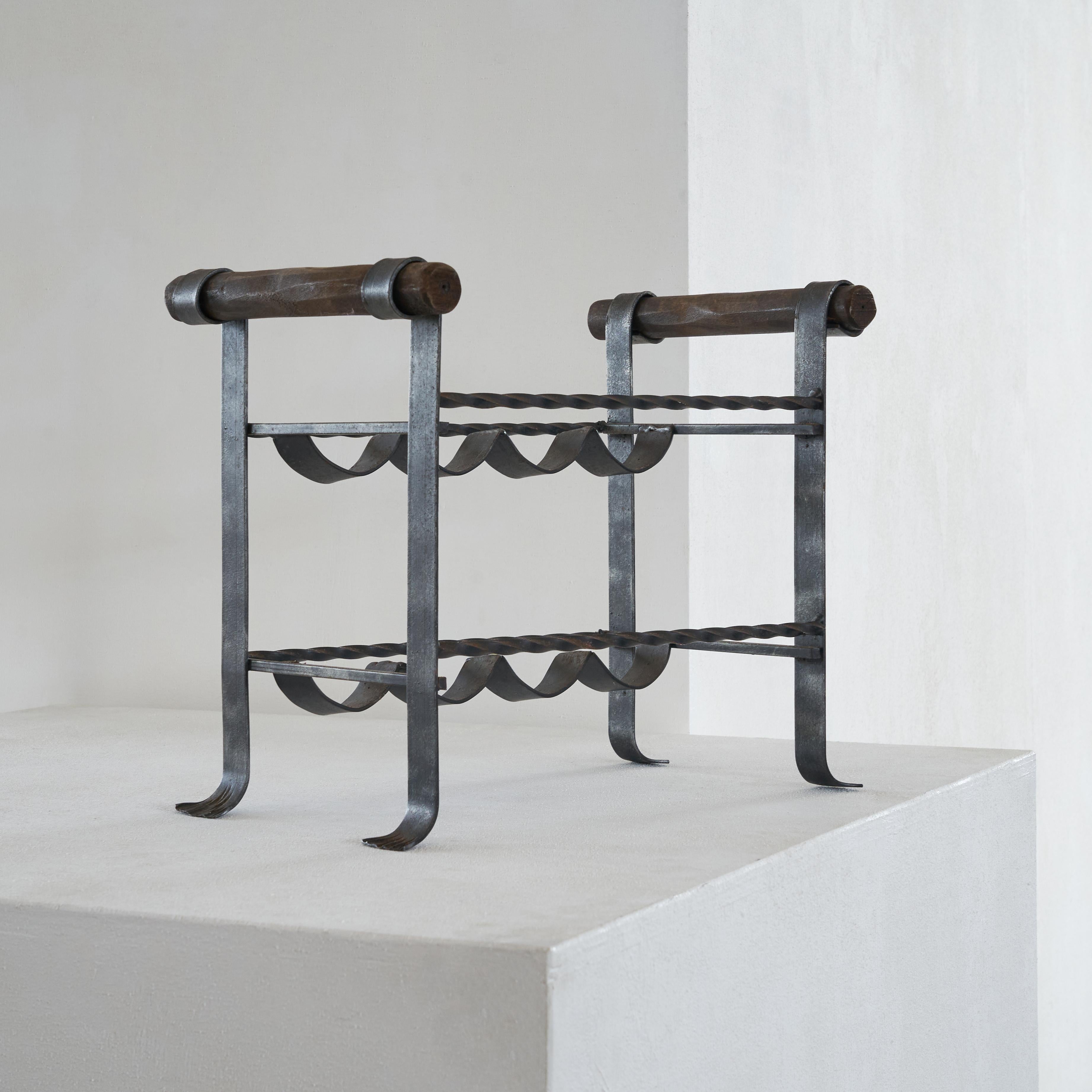 20th Century Brutalist Wine Rack in Wrought Iron and Wood, 1960s