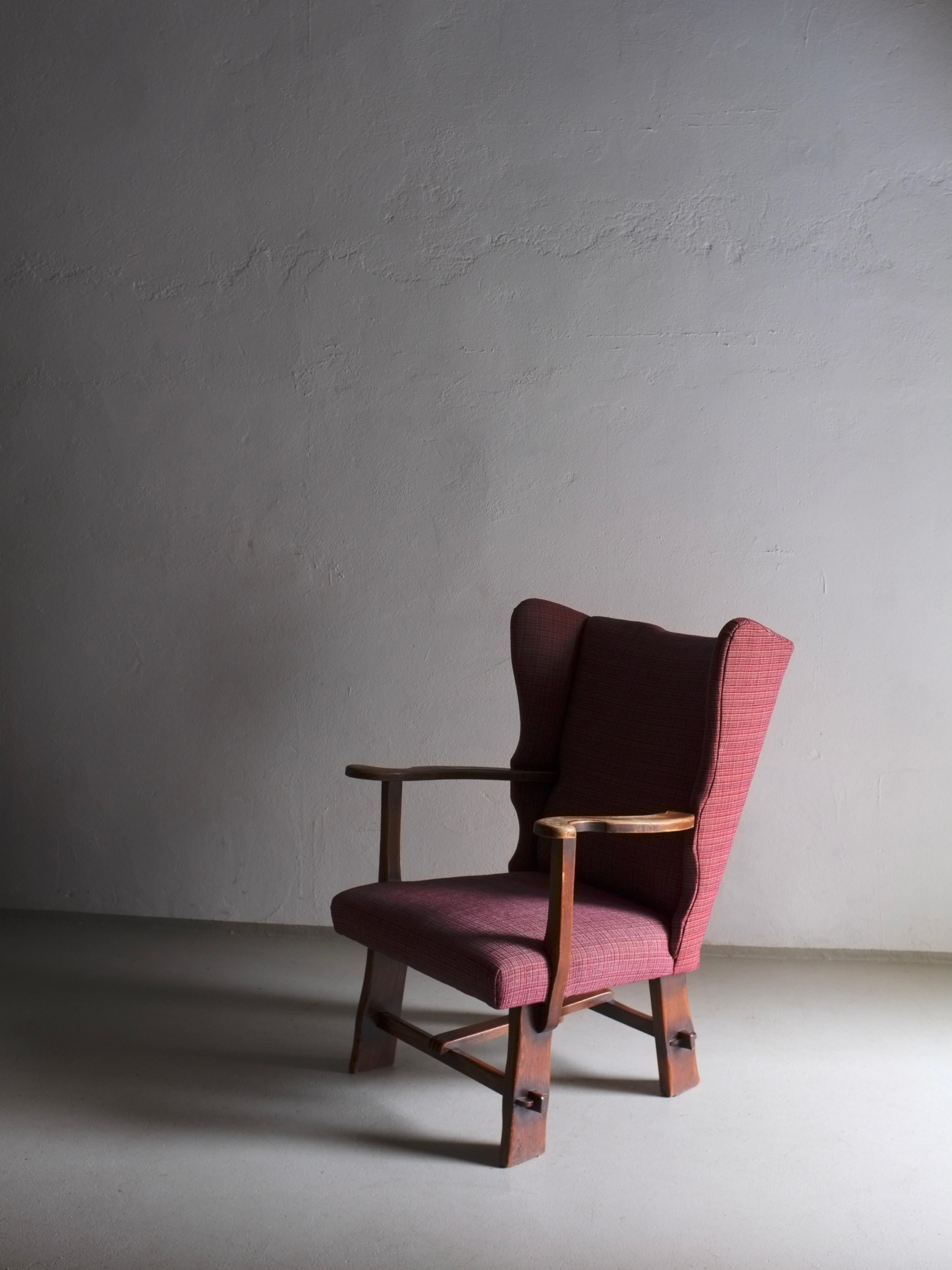 Oak Brutalist Wingback Fireplace Chair, Netherlands 1960S For Sale