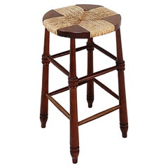 Brutalist wood and Rice straw Stool - 1970s