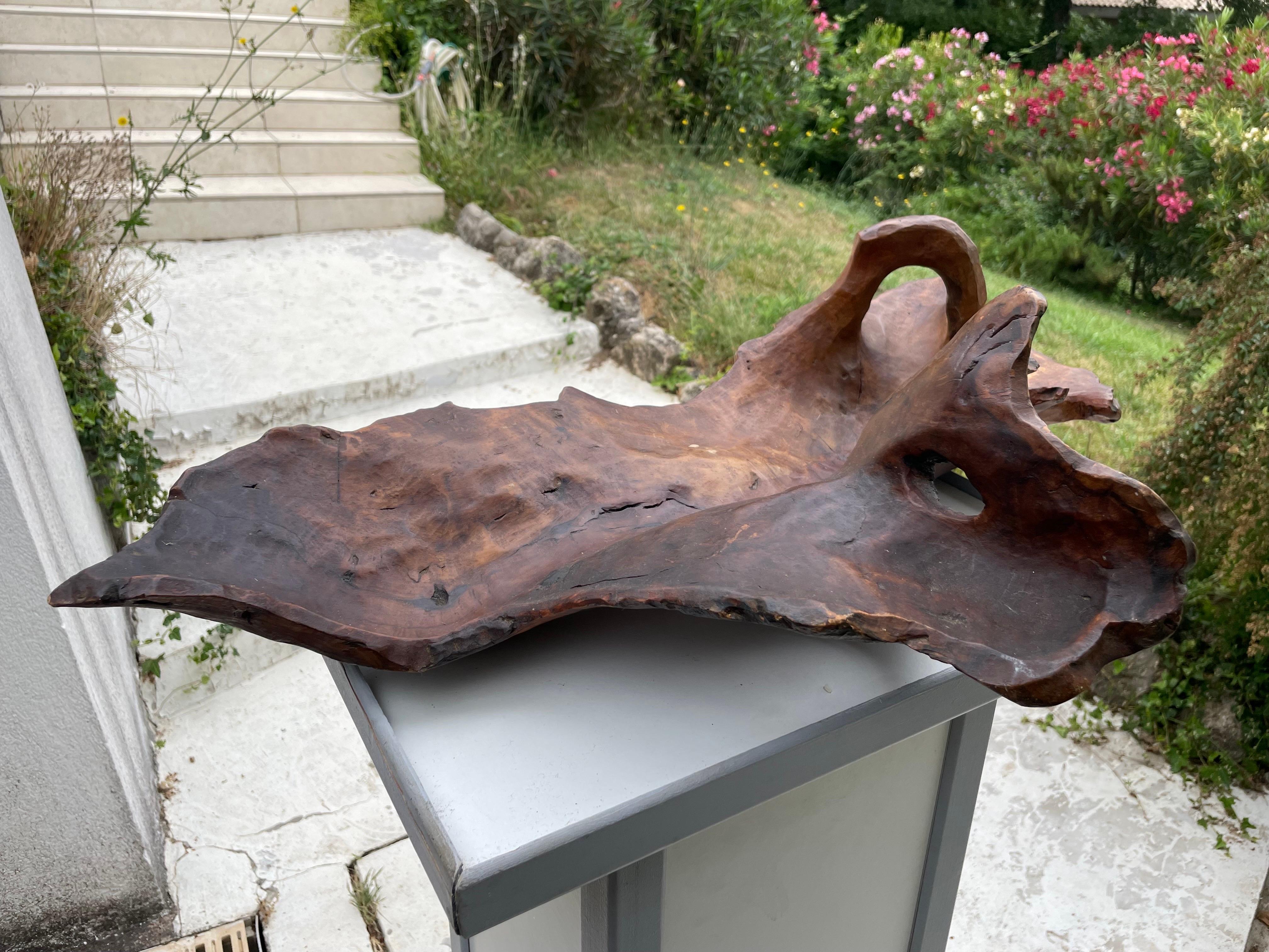 French Brutalist Wood Bowl, Large, in a Brown Patina, France circa 1960 For Sale