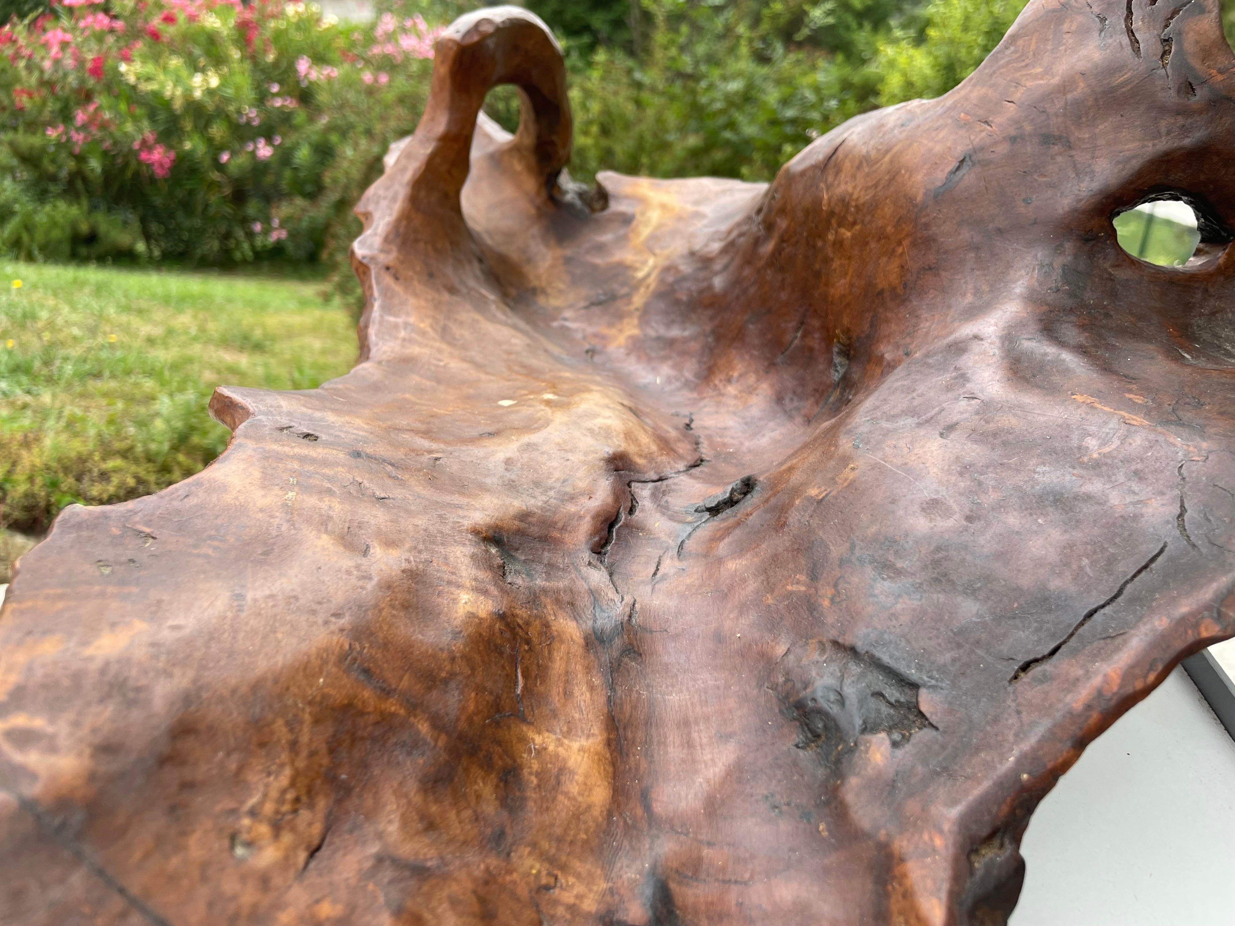 Mid-20th Century Brutalist Wood Bowl, Large, in a Brown Patina, France circa 1960 For Sale