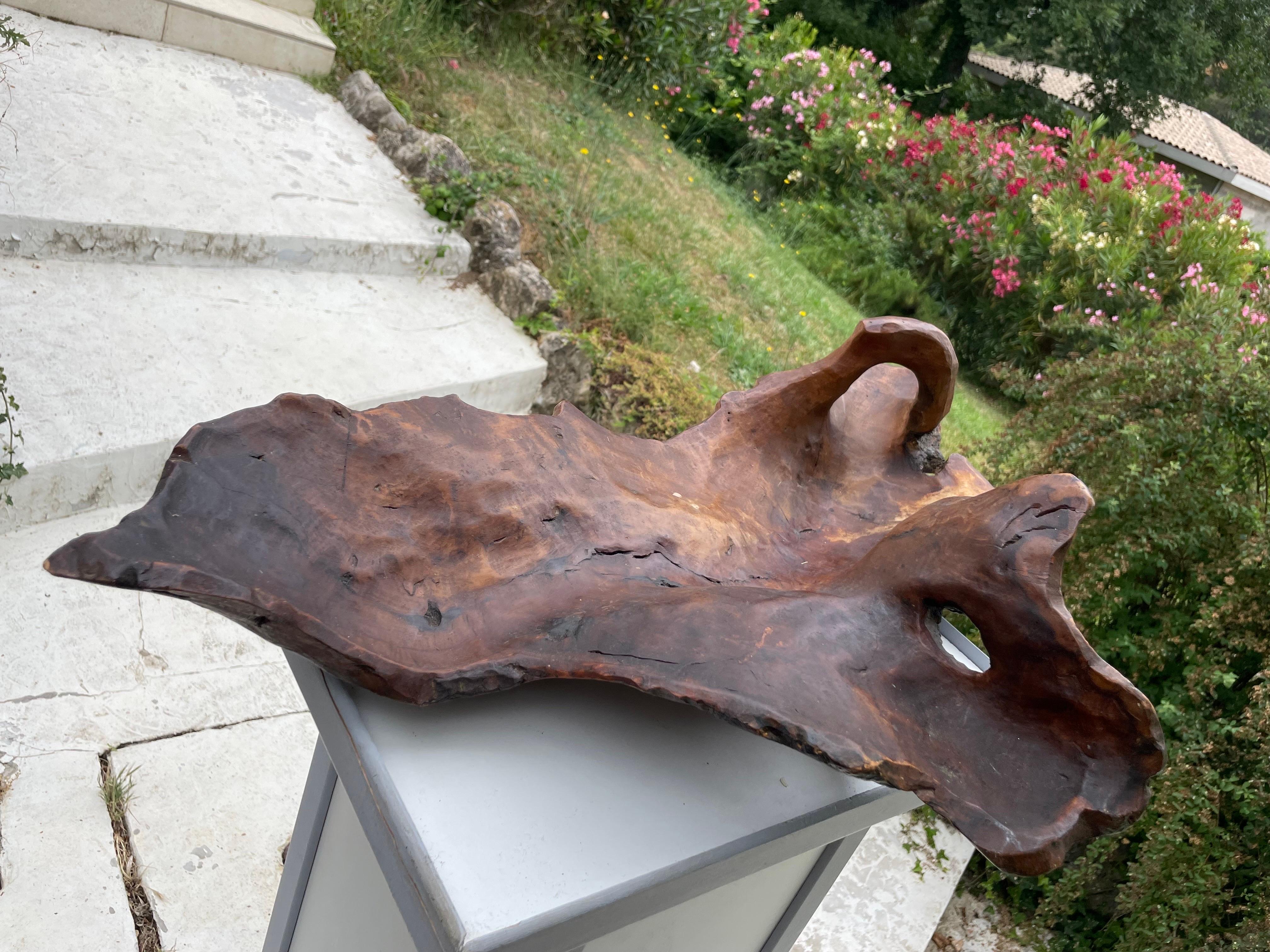 Brutalist Wood Bowl, Large, in a Brown Patina, France circa 1960 For Sale 2