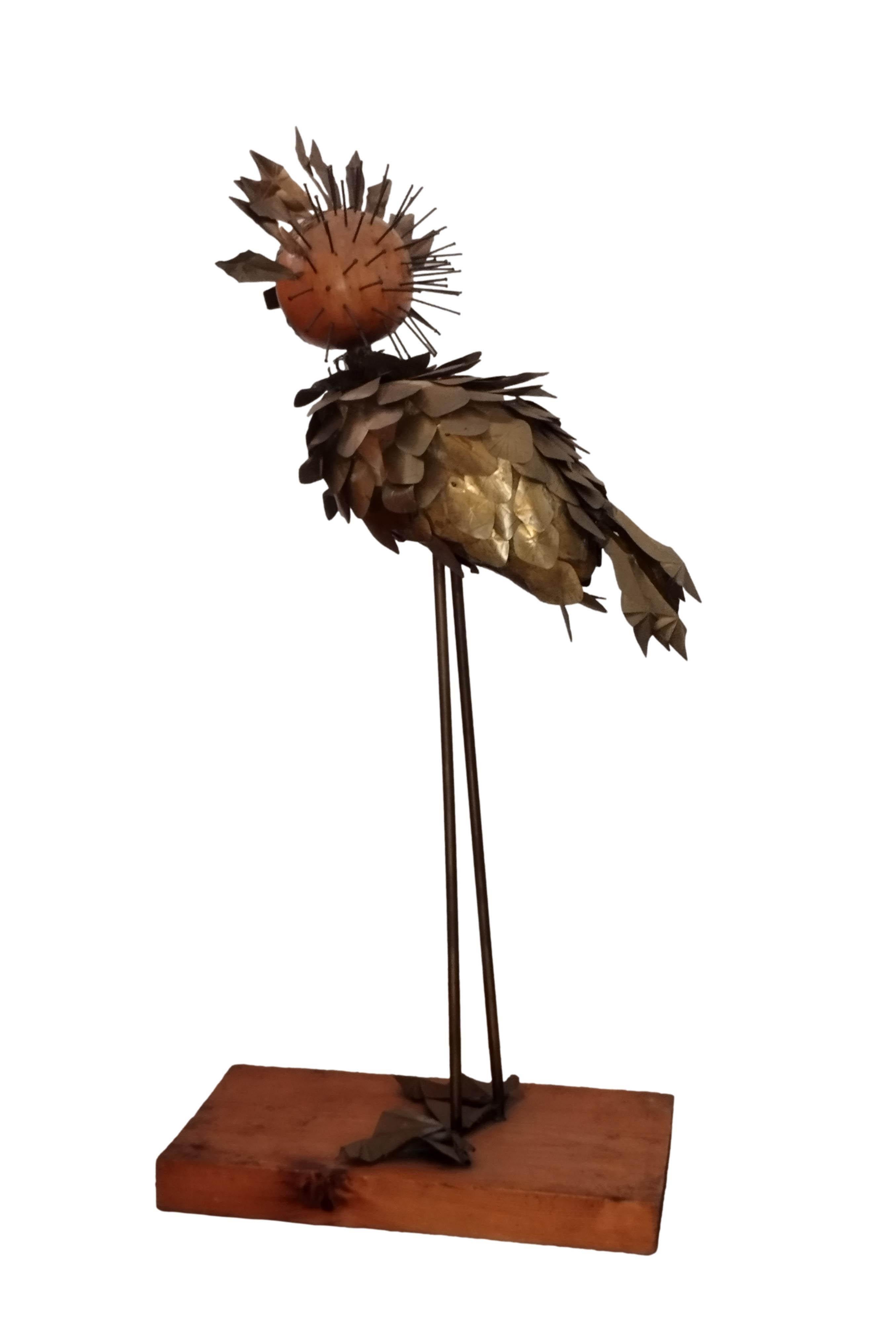 Mid-Century Modern Brutalist Wood, Brass and Metal Bird Sculpture, Italy 1970s For Sale
