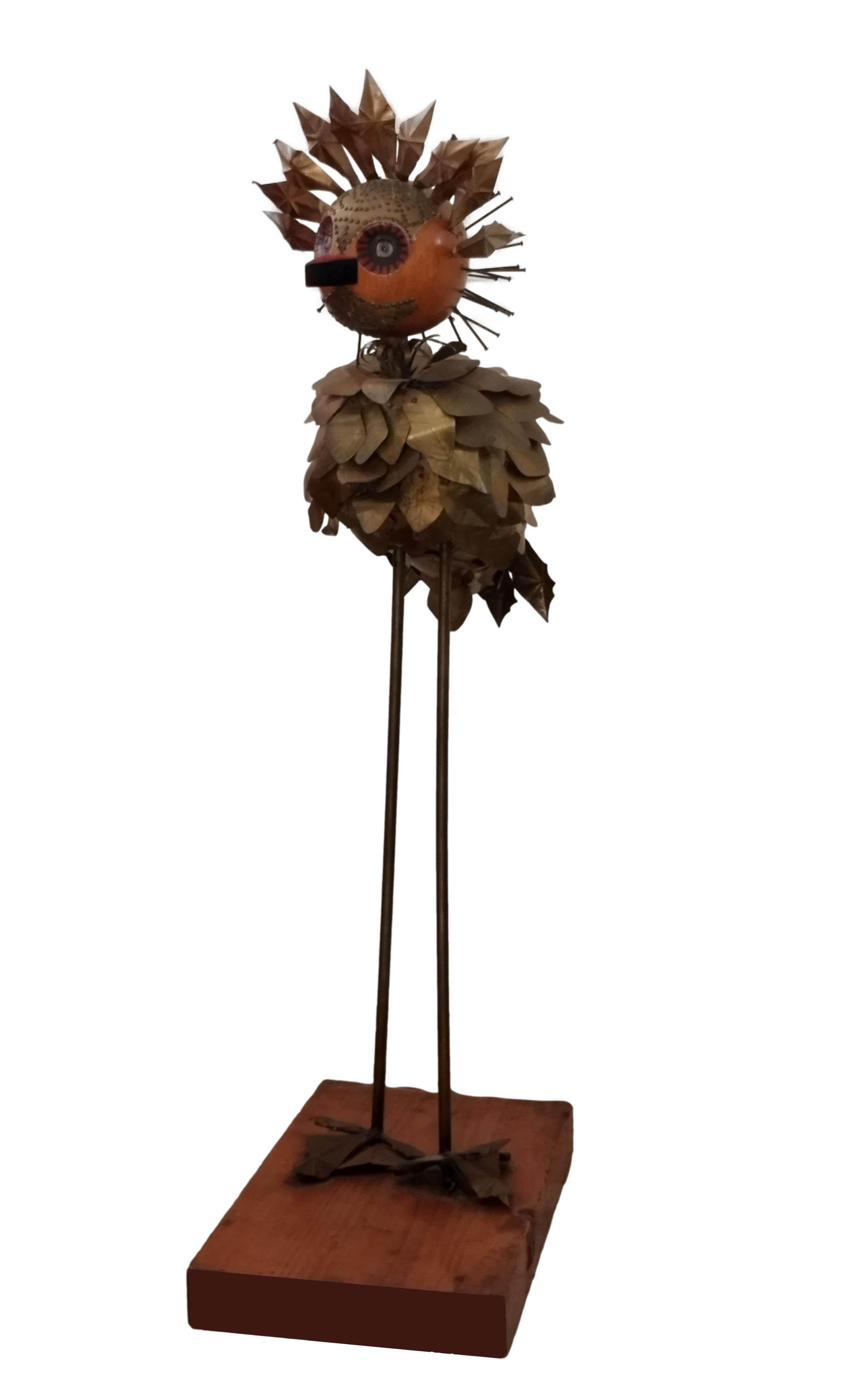 italien Sculpture d'oiseau brutaliste en bois, laiton et métal, Italie, années 1970 en vente