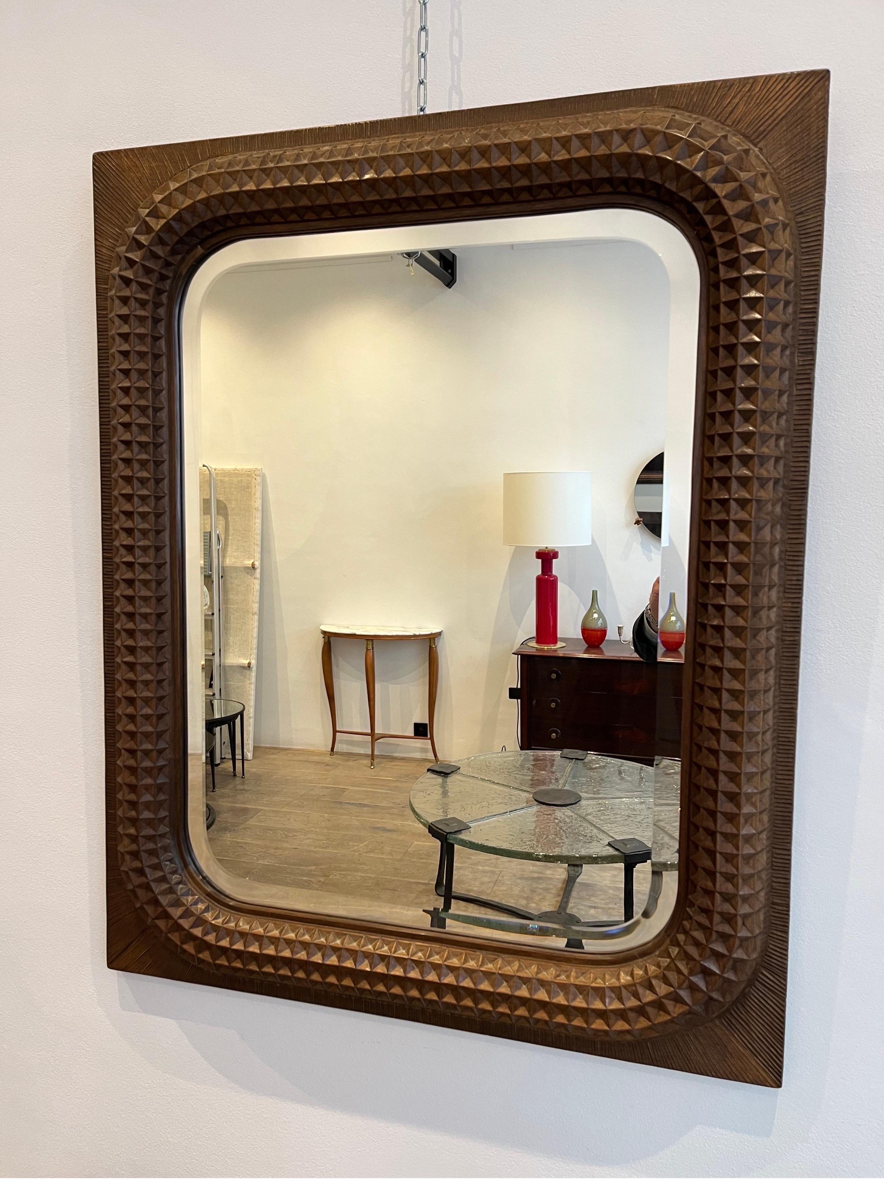 Italian Brutalist Wood Carved Mirror by Giuseppe Rivadossi, 1970s, Italy