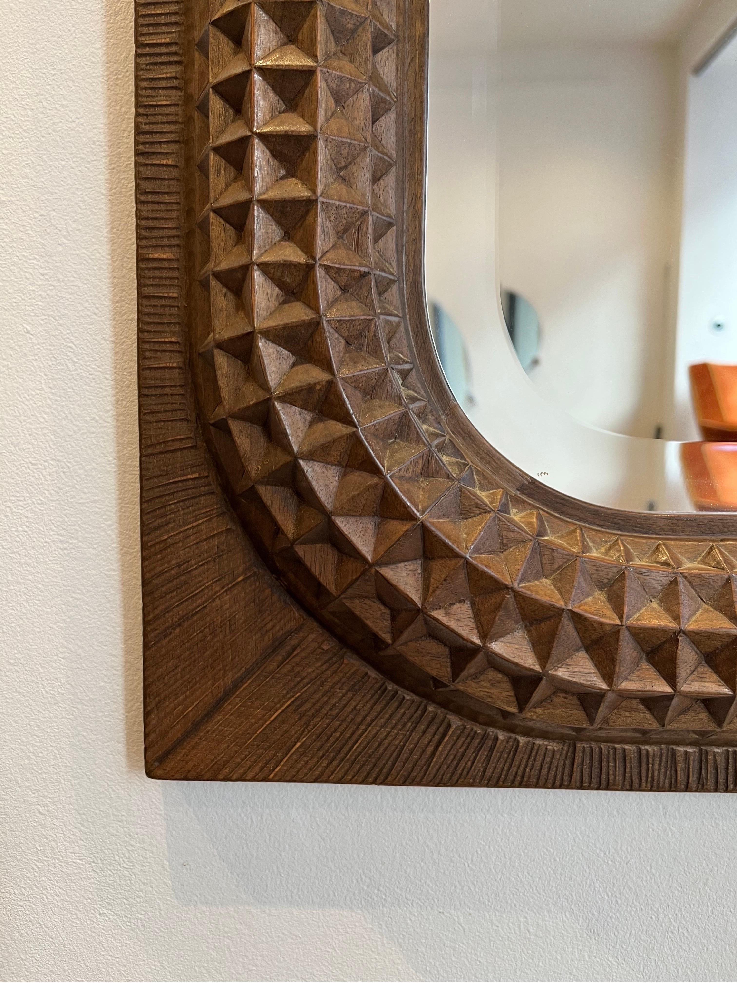 Brutalist Wood Carved Mirror by Giuseppe Rivadossi, 1970s, Italy 2