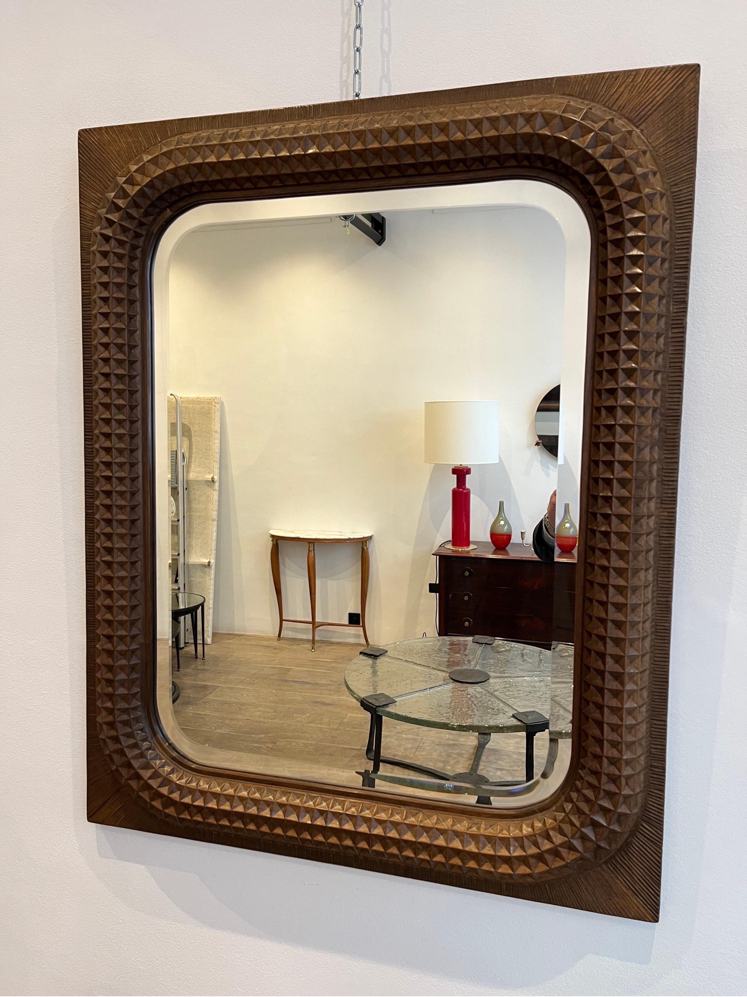 Brutalist Wood Carved Mirror by Giuseppe Rivadossi, 1970s, Italy 4