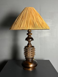 Brutalist wood turned and cast iron large table lamp, 1960s
