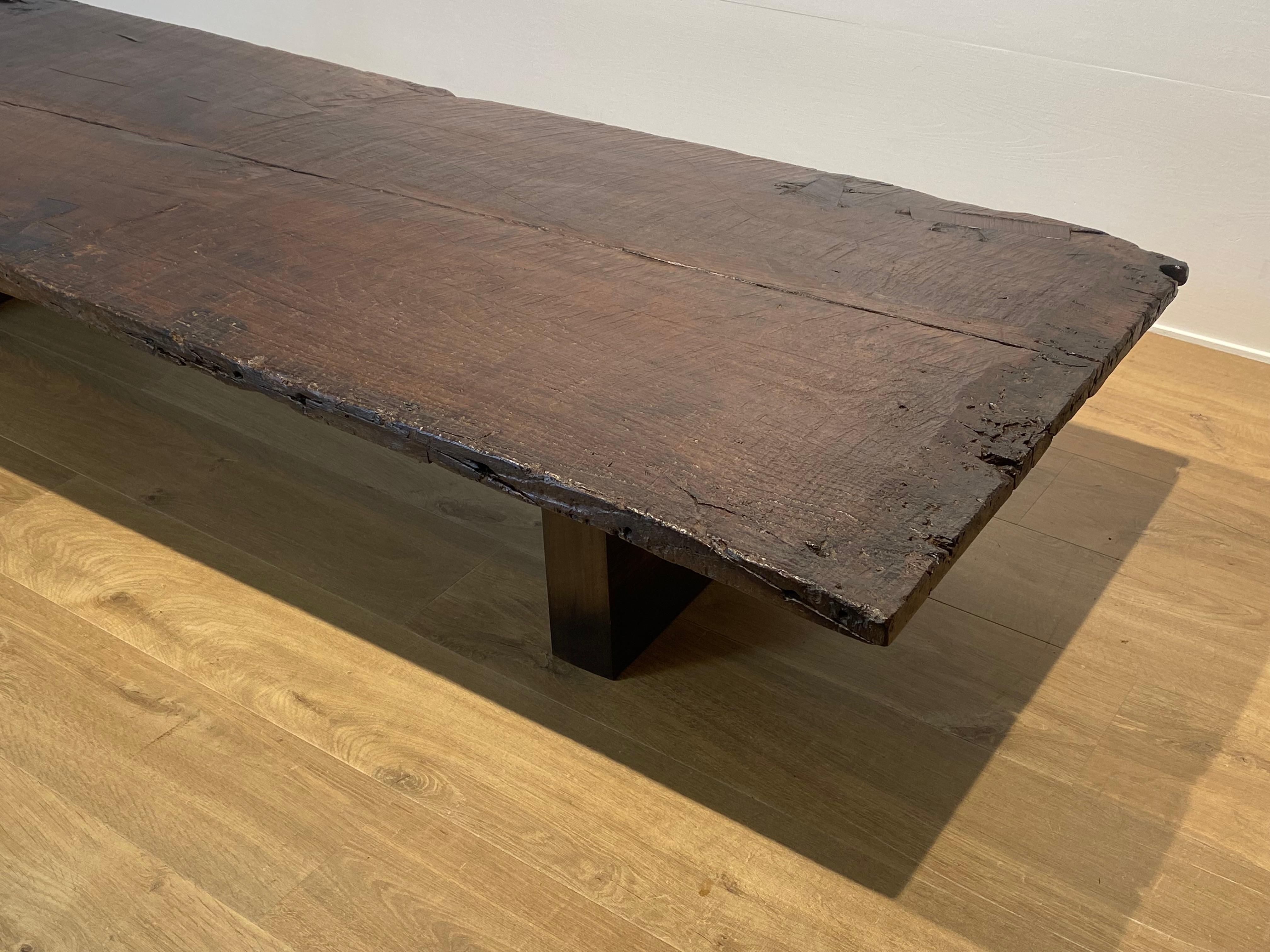 Patinated Brutalist Wooden antique Sofa Table For Sale