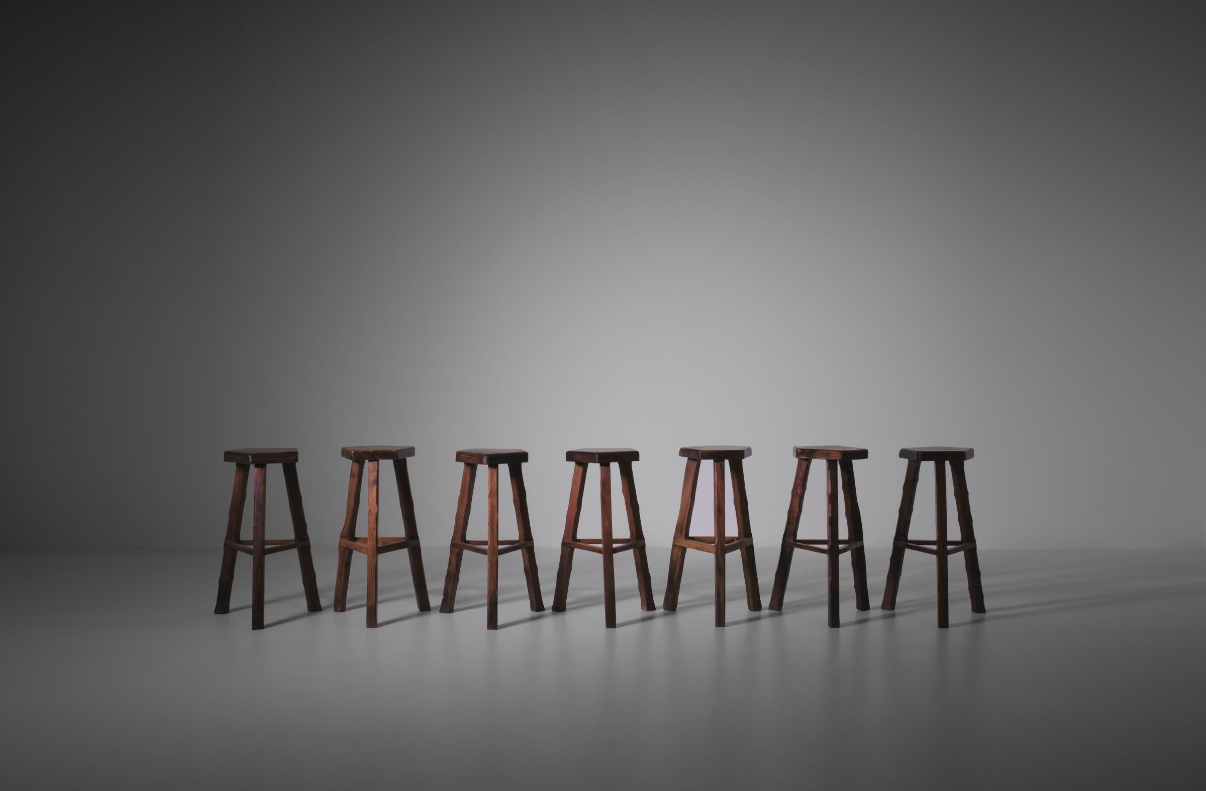 Brutalist Wooden Barstools, France 1960s 1