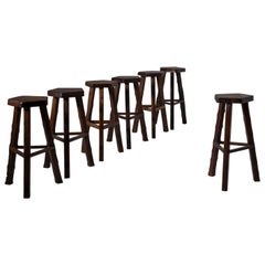 Vintage Brutalist Wooden Barstools, France 1960s